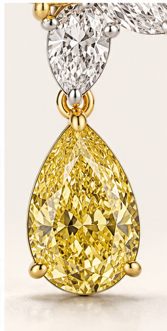 Close-up of Hale pear-shaped natural yellow diamond drop in 18K yellow gold