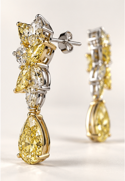 Side view of Hale yellow and white diamond cluster drop earrings showing the settings, posts, and pear-shaped yellow diamond drops