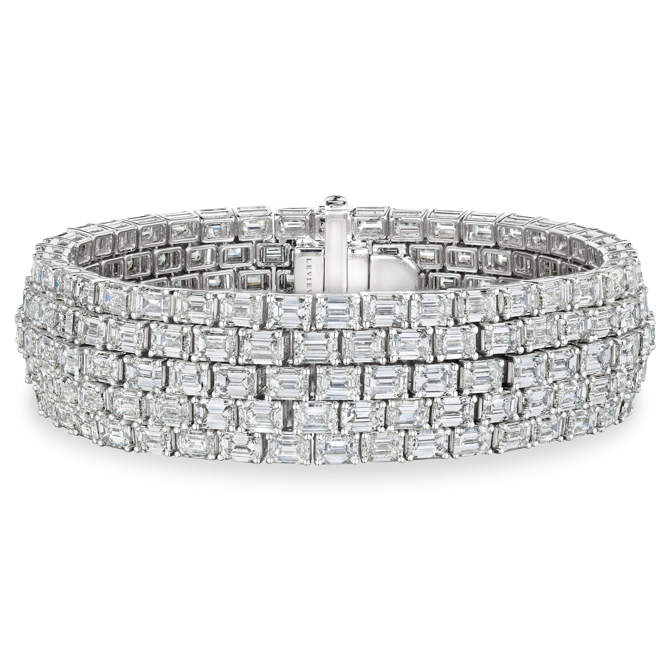 Leviev engraved clasp on four-row emerald cut diamond bracelet in 18K white gold