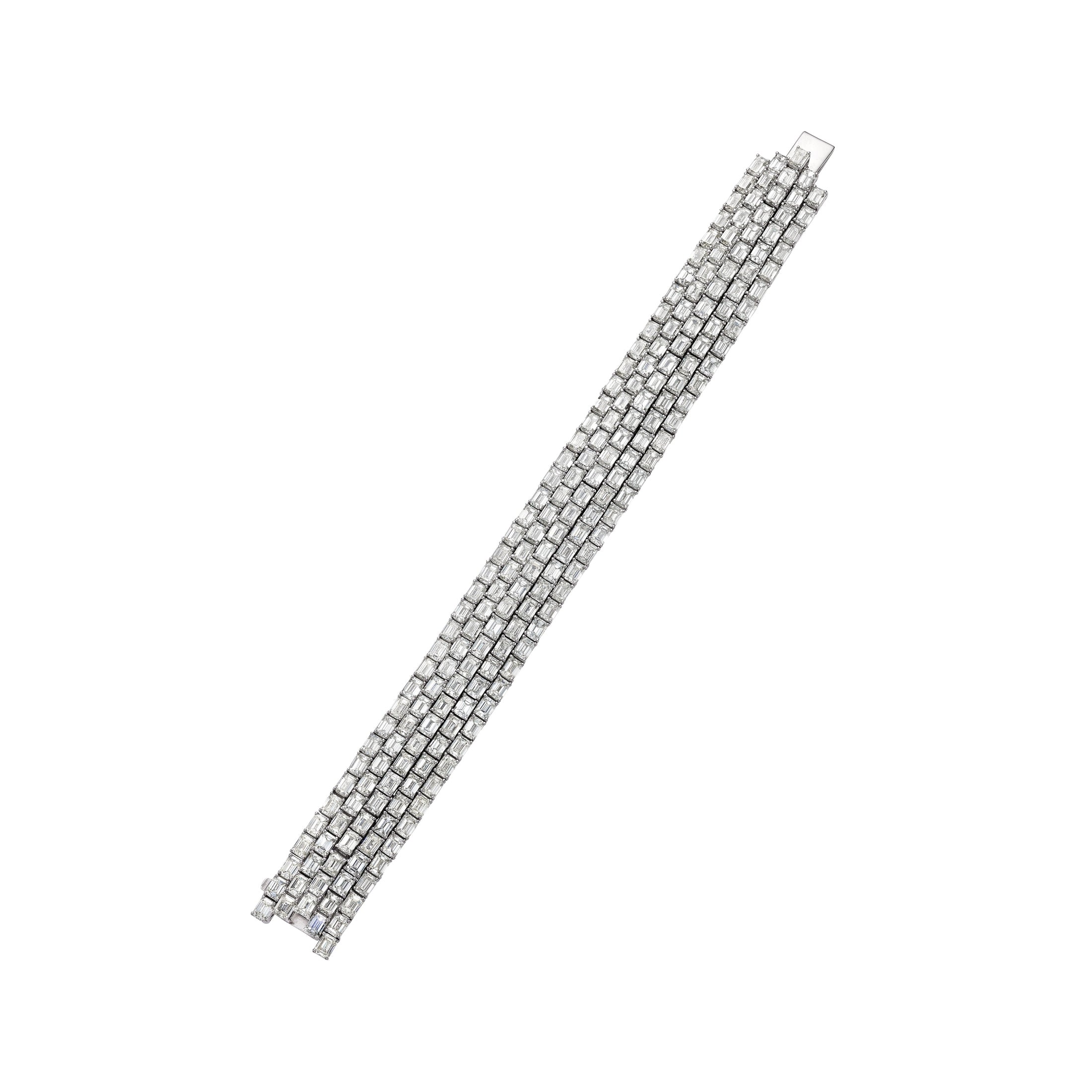 Hastings emerald cut diamond bracelet in 18K white gold with multi-row architectural grid design