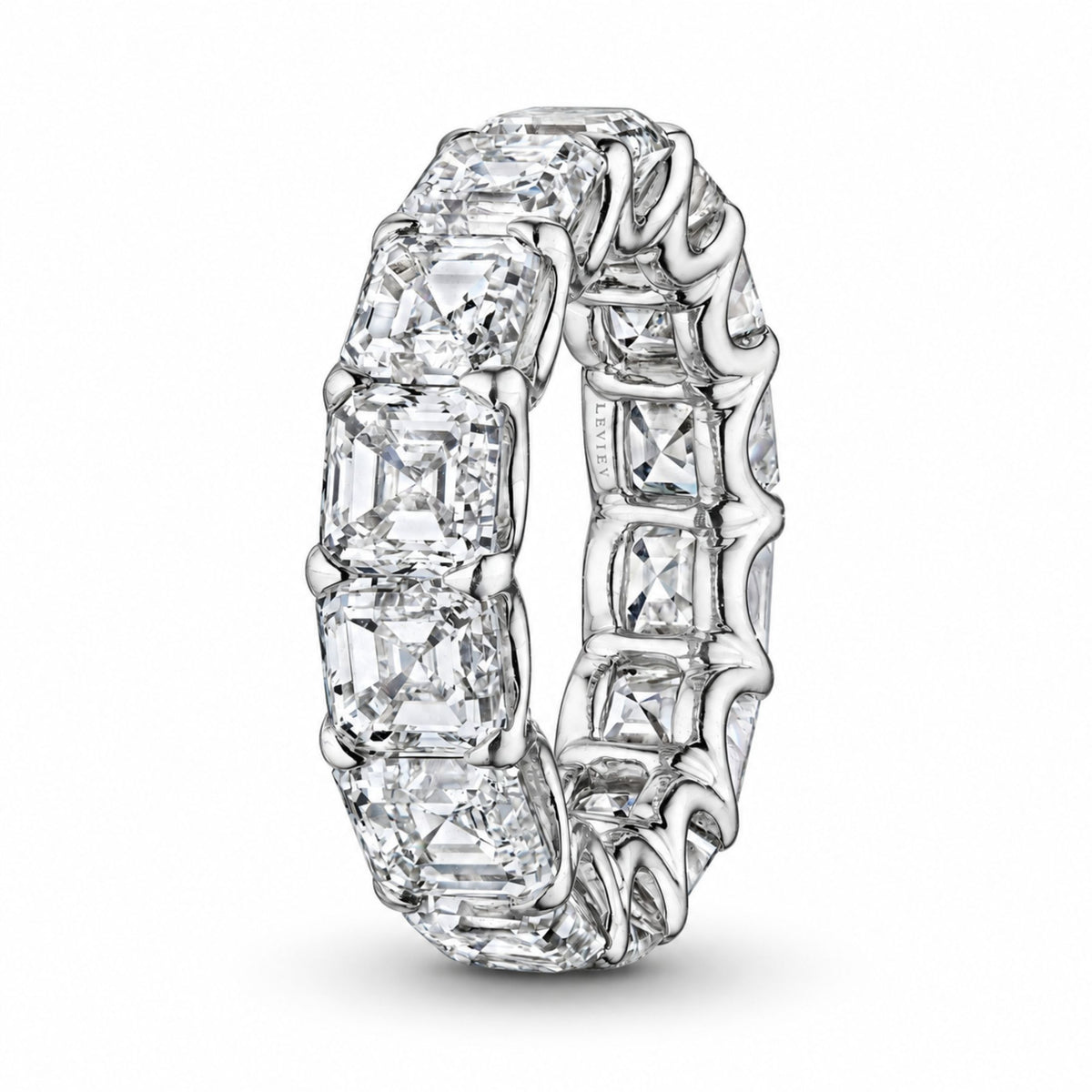Leviev engraved interior side view of 18K white gold Asscher cut diamond eternity ring
