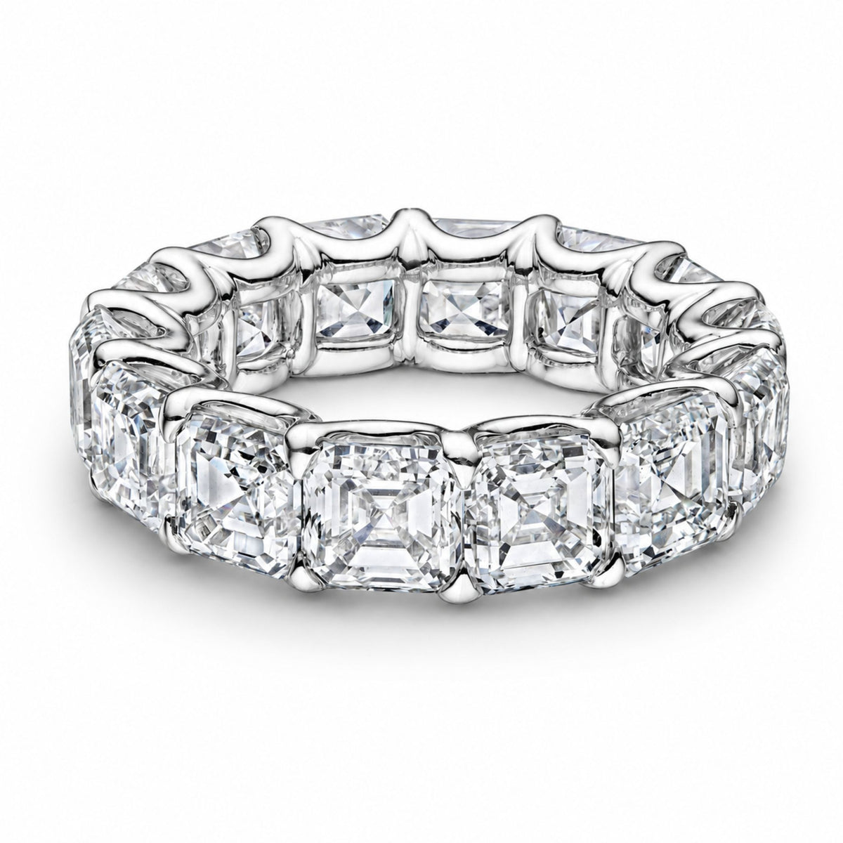Hathor Asscher cut diamond eternity band in 18K white gold with wavy sculpted prongs