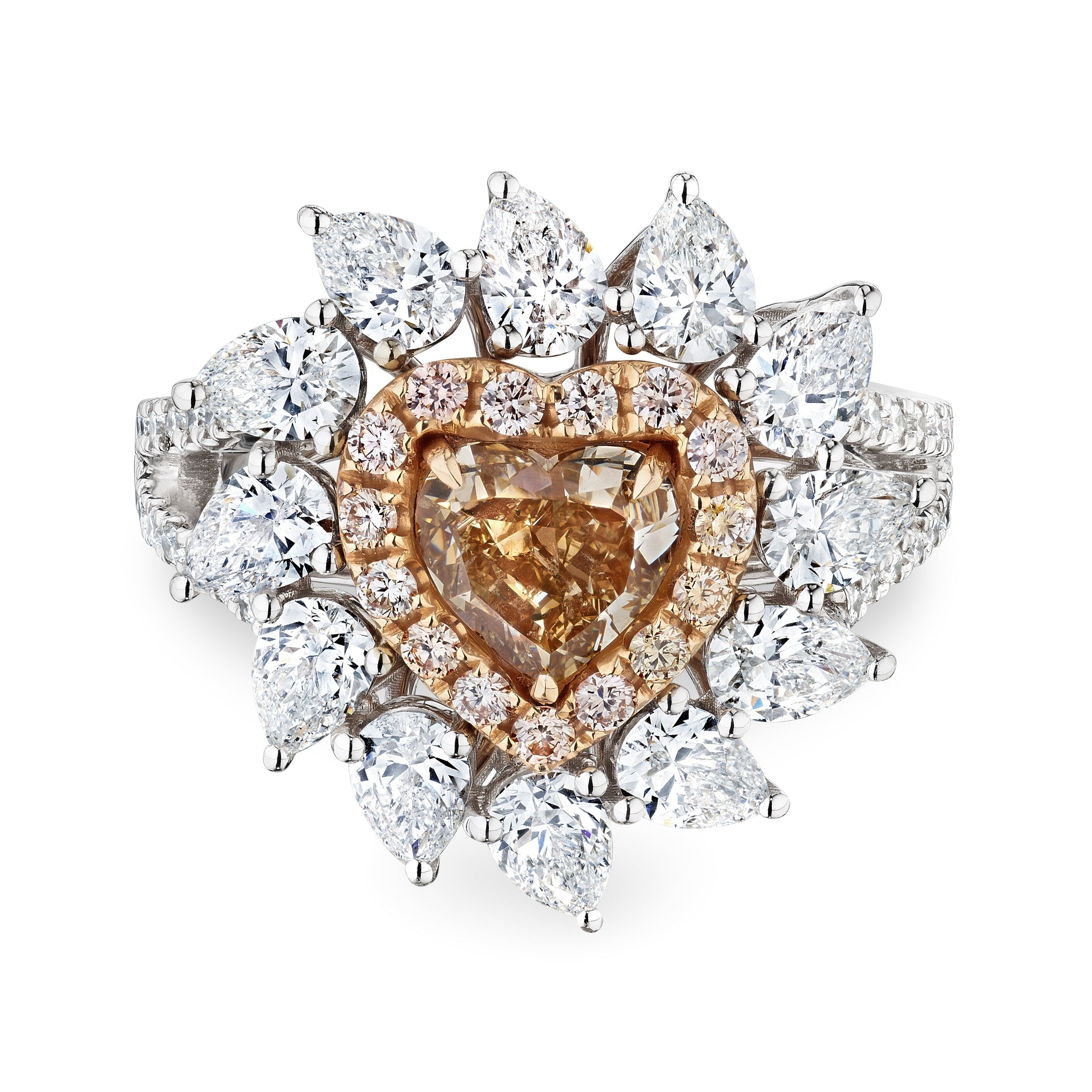 Top view heart cut fancy brown orange diamond ring double halo white gold