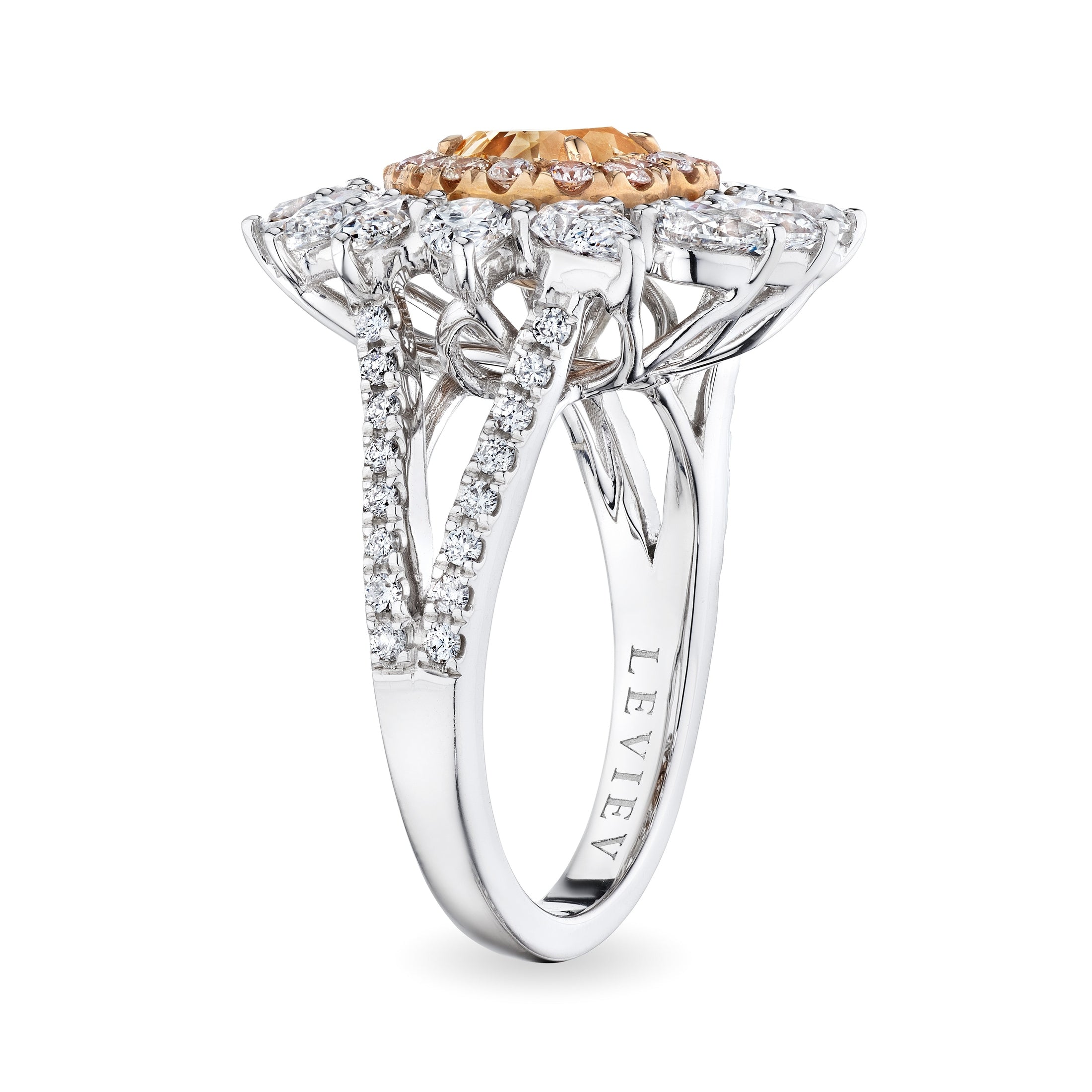 Leviev engraved 18K white gold heart diamond ring side profile with dual bands