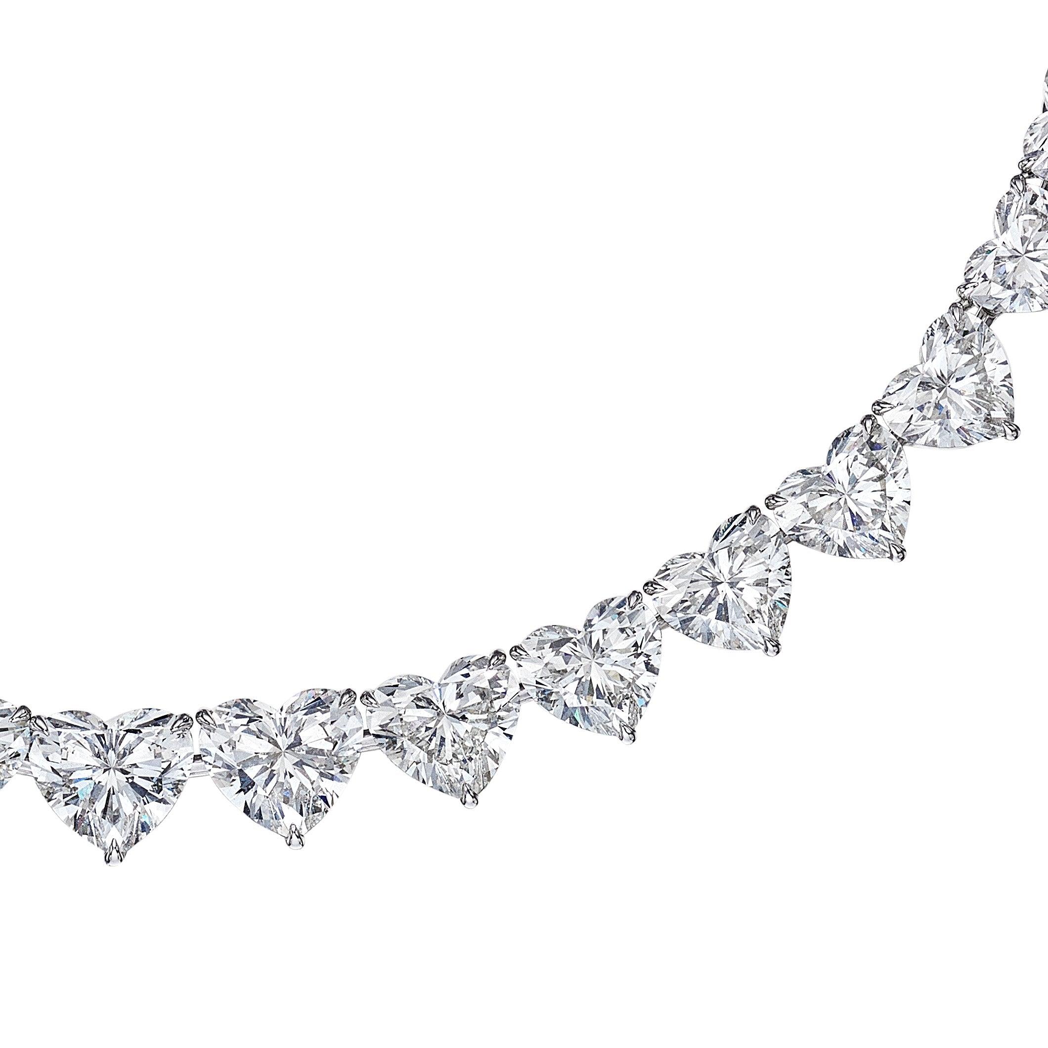 Close-up of Leviev heart shaped cut Riviera diamonds necklace in platinum with high brilliance faceted stones