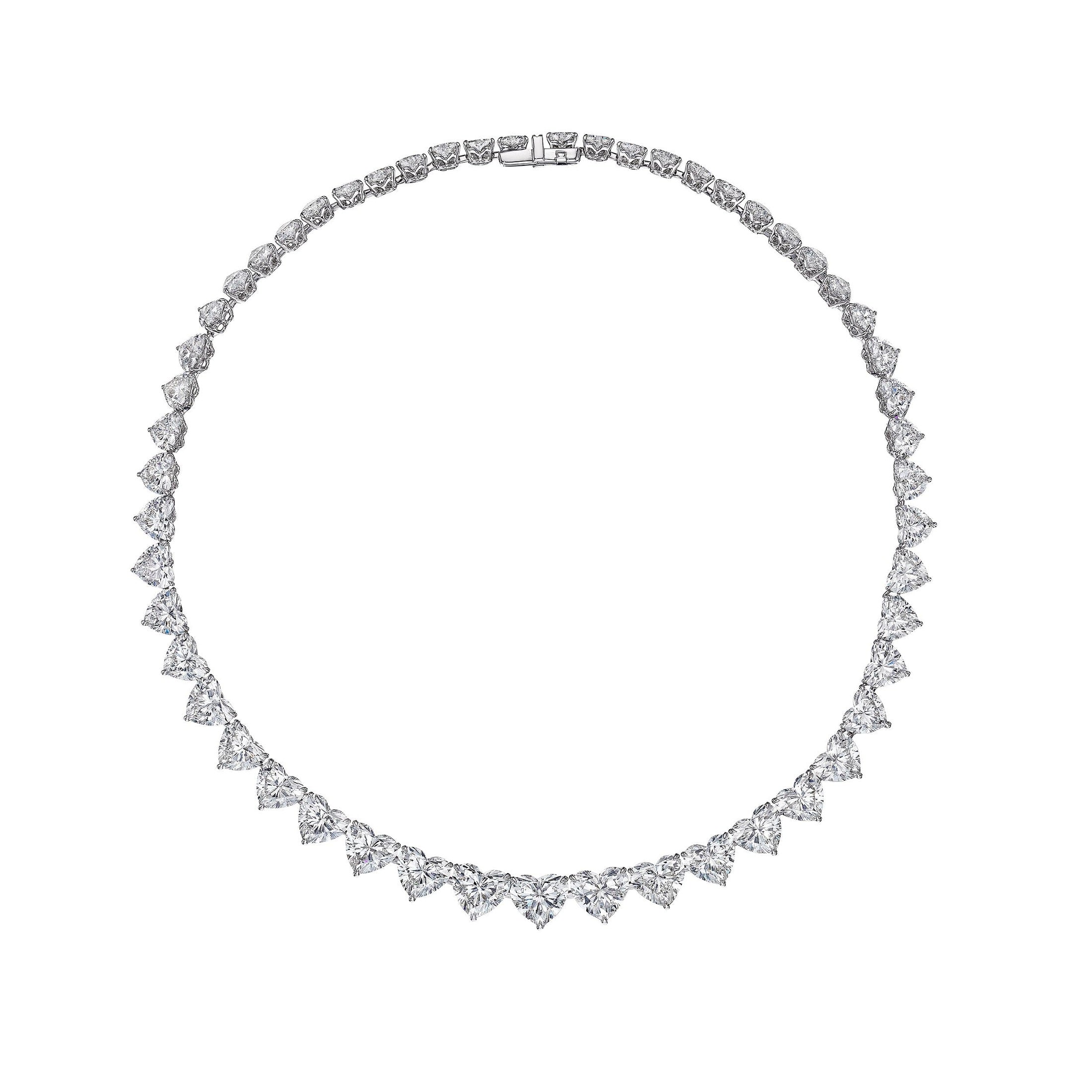 Full view of 50 carat Leviev heart shaped diamond necklace in platinum oval design with box clasp