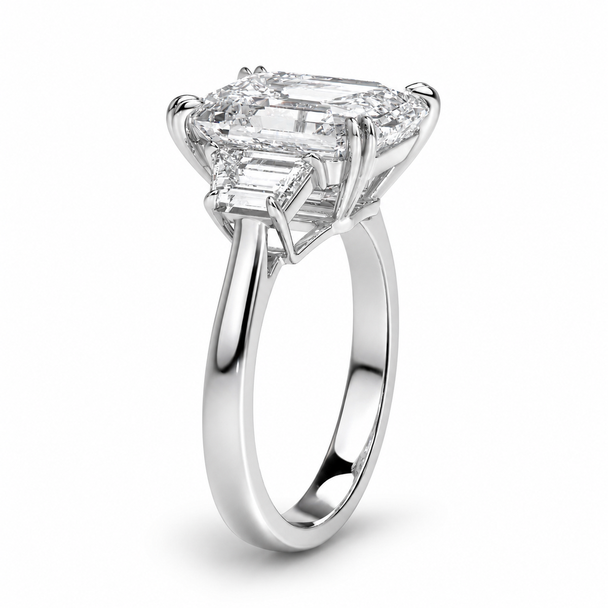 Platinum emerald cut diamond ring side profile showing high setting and architectural balance