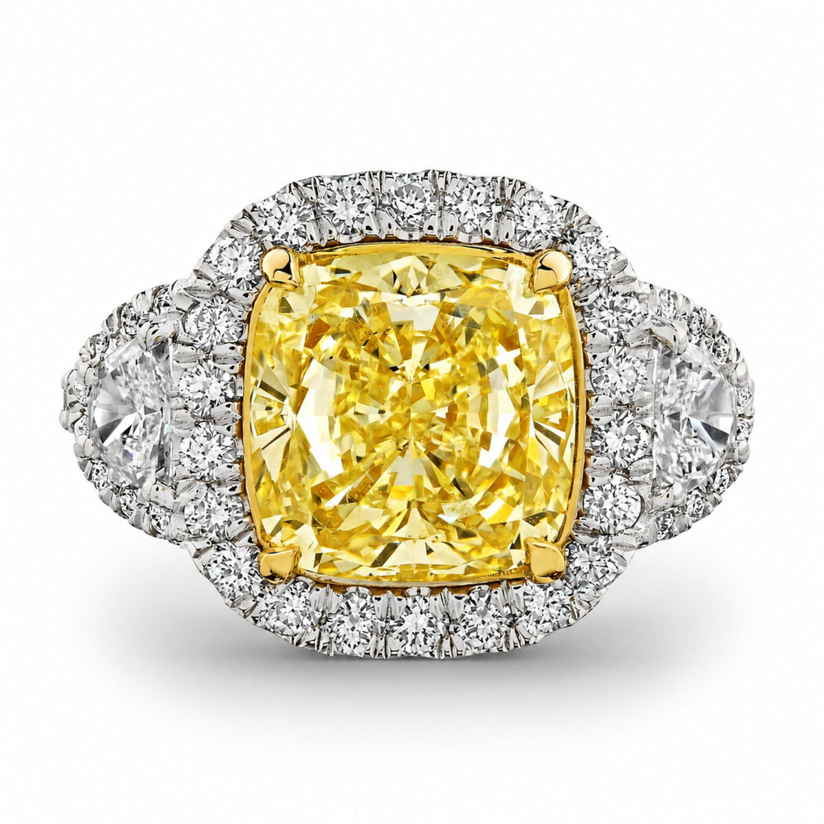 Helia 5.15ct fancy light yellow diamond ring with half-moon cut white diamonds and double halo in 18K gold