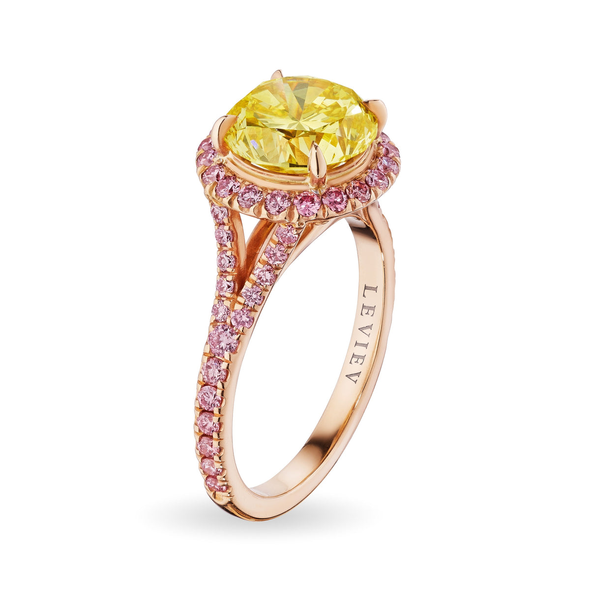 Leviev split-shank yellow diamond ring side view showing engraved LEVIEV mark and pink diamond shoulders
