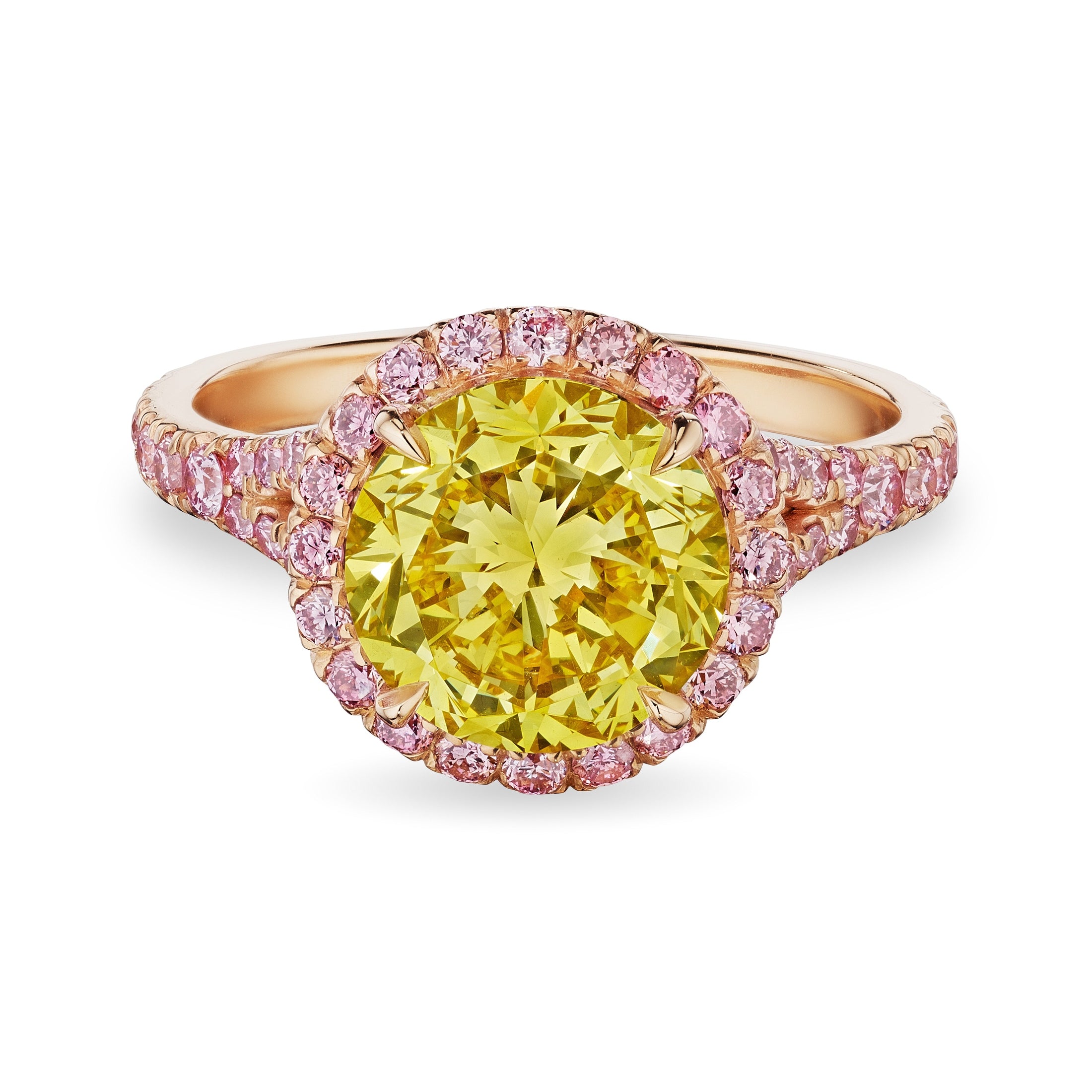 Leviev 2 CT Round Cut Fancy Vivid Yellow Diamond Ring with pink diamond halo in 18K rose gold