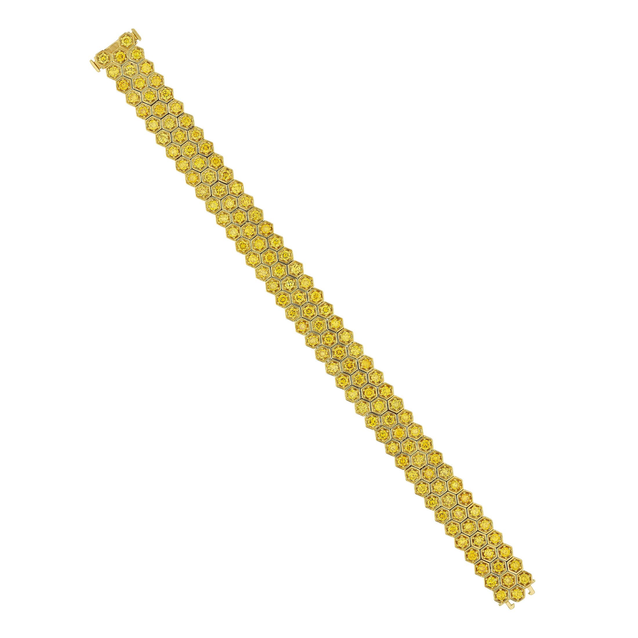 Honeylight 9.28 Carat Vivid Yellow Diamond Bracelet in 18K Gold Leviev Bracelets 18k Gold Bracelet, Bracelet, Bracelets, Colored Diamond Bracelet, Diamond Bracelet, Diamond Tennis Bracelet, Everyday Bracelet, Gold & Diamond Bracelet, Gold Bracelet, Honeycomb, Honeycomb Bracelet, Leviev, Leviev Bracelet, Rings, Tennis Bracelet, Vivid Yellow, Vivid Yellow Diamond, Vivid Yellow Diamond Bracelet, Women's Bracelet, Yellow, Yellow Diamonds, Yellow Gold, Yellow Gold & Diamond, Yellow Gold Bracelet Levi
