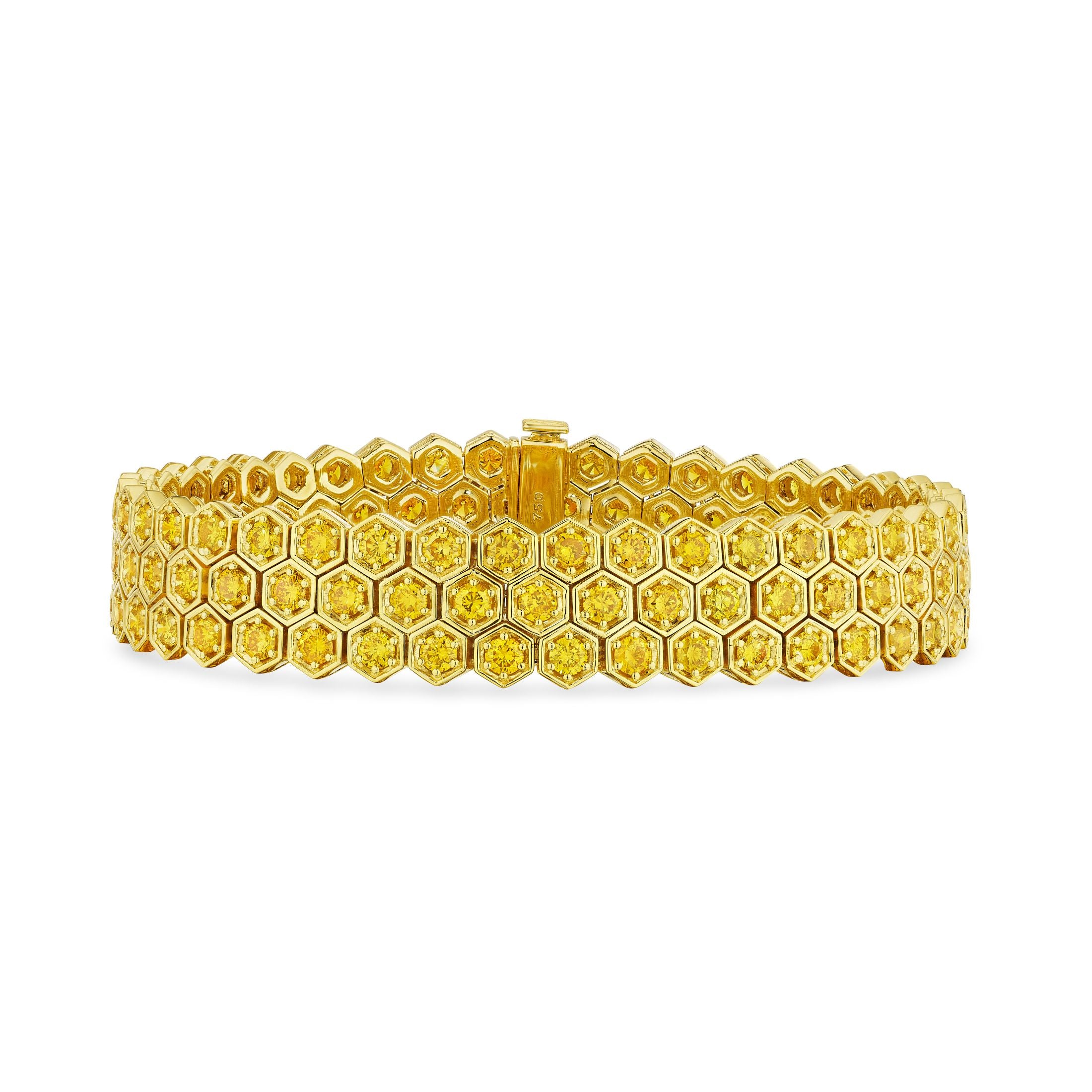 Honeylight 9.28 Carat Vivid Yellow Diamond Bracelet in 18K Gold Leviev Bracelets 18k Gold Bracelet, Bracelet, Bracelets, Colored Diamond Bracelet, Diamond Bracelet, Diamond Tennis Bracelet, Everyday Bracelet, Gold & Diamond Bracelet, Gold Bracelet, Honeycomb, Honeycomb Bracelet, Leviev, Leviev Bracelet, Rings, Tennis Bracelet, Vivid Yellow, Vivid Yellow Diamond, Vivid Yellow Diamond Bracelet, Women's Bracelet, Yellow, Yellow Diamonds, Yellow Gold, Yellow Gold & Diamond, Yellow Gold Bracelet Levi