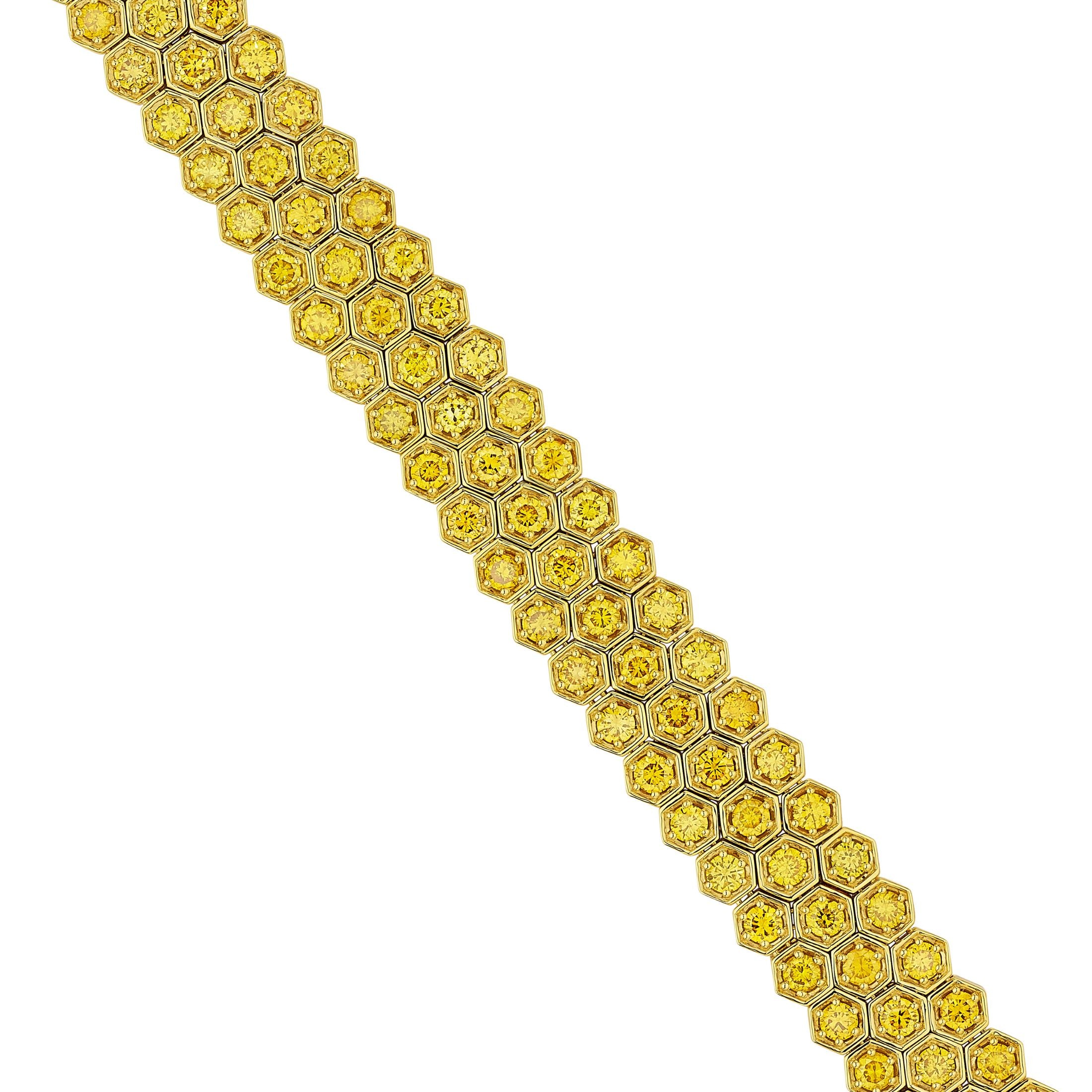 Honeylight 9.28 Carat Vivid Yellow Diamond Bracelet in 18K Gold Leviev Bracelets 18k Gold Bracelet, Bracelet, Bracelets, Colored Diamond Bracelet, Diamond Bracelet, Diamond Tennis Bracelet, Everyday Bracelet, Gold & Diamond Bracelet, Gold Bracelet, Honeycomb, Honeycomb Bracelet, Leviev, Leviev Bracelet, Rings, Tennis Bracelet, Vivid Yellow, Vivid Yellow Diamond, Vivid Yellow Diamond Bracelet, Women's Bracelet, Yellow, Yellow Diamonds, Yellow Gold, Yellow Gold & Diamond, Yellow Gold Bracelet Levi