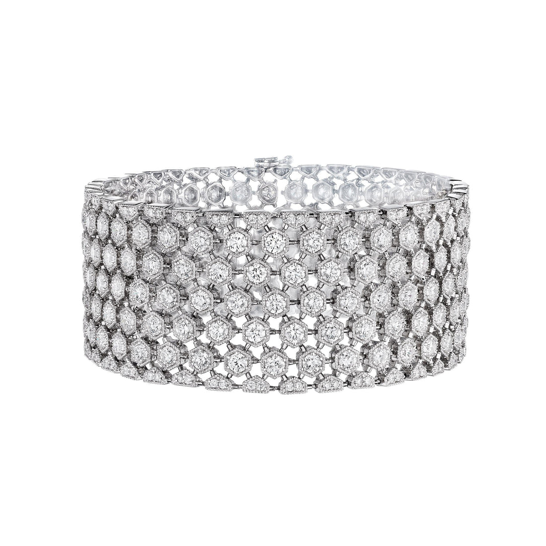Three-tiered Hypatia diamond cuff bracelet in 18K white gold with flush-set radiant grid