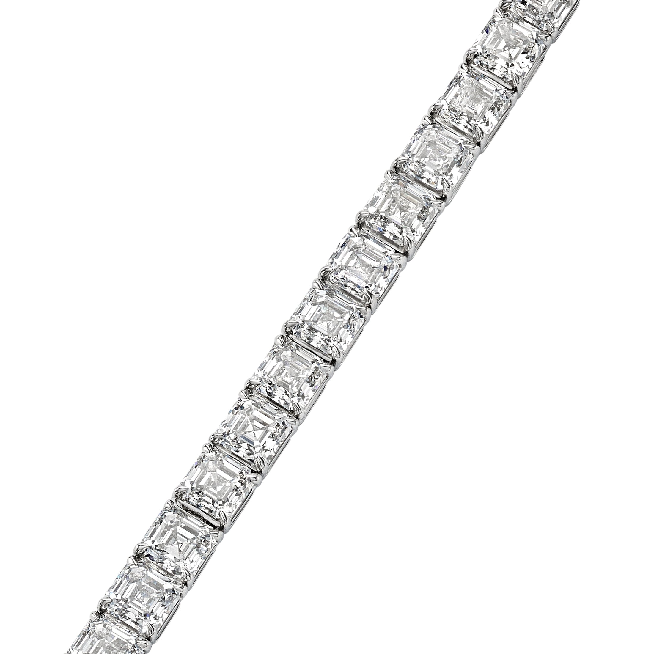 Close-up of platinum tennis bracelet featuring uniform Asscher-cut diamonds with step facets and beveled edges
