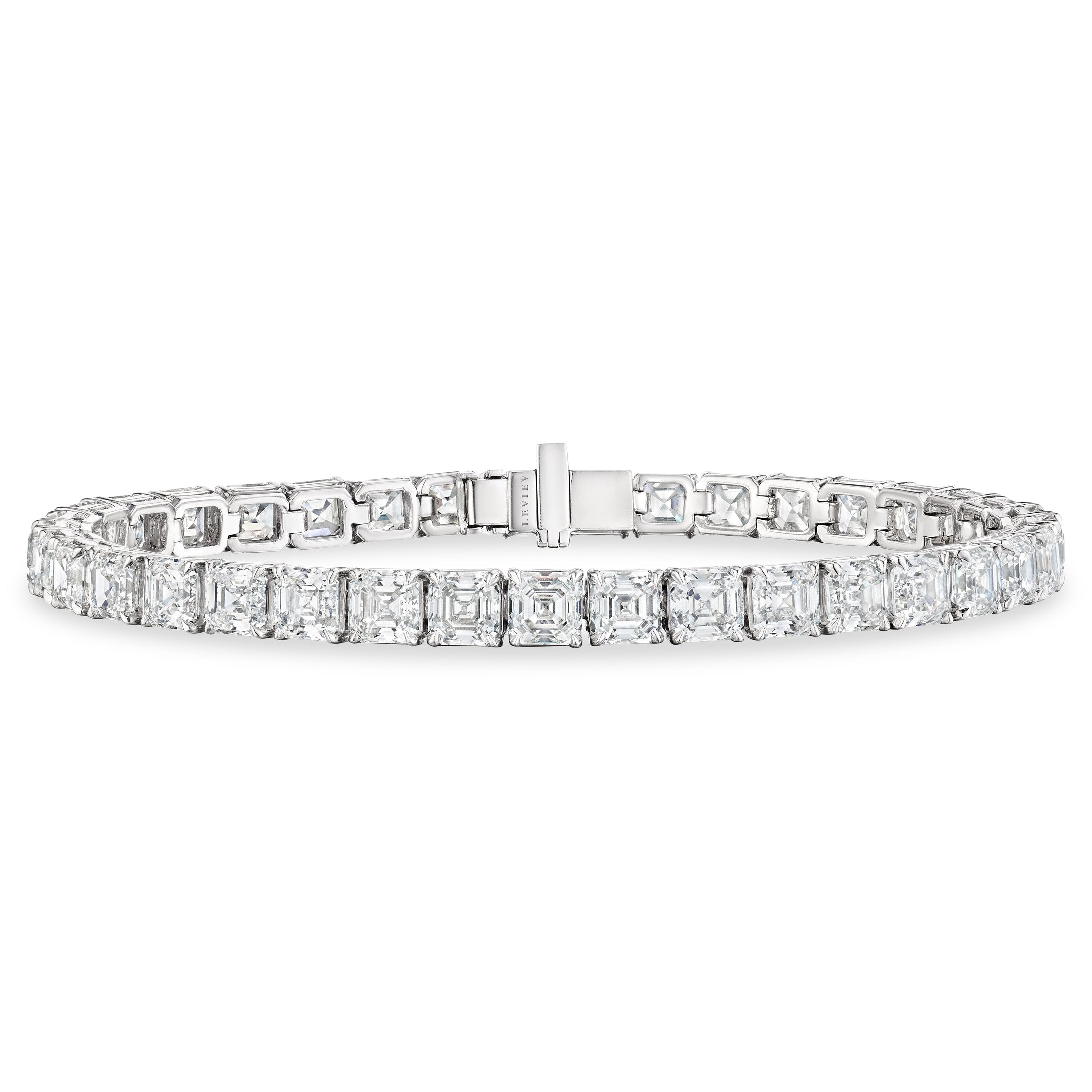 Leviev platinum Asscher cut diamond tennis bracelet with LEVI hinge engraving and four-prong settings