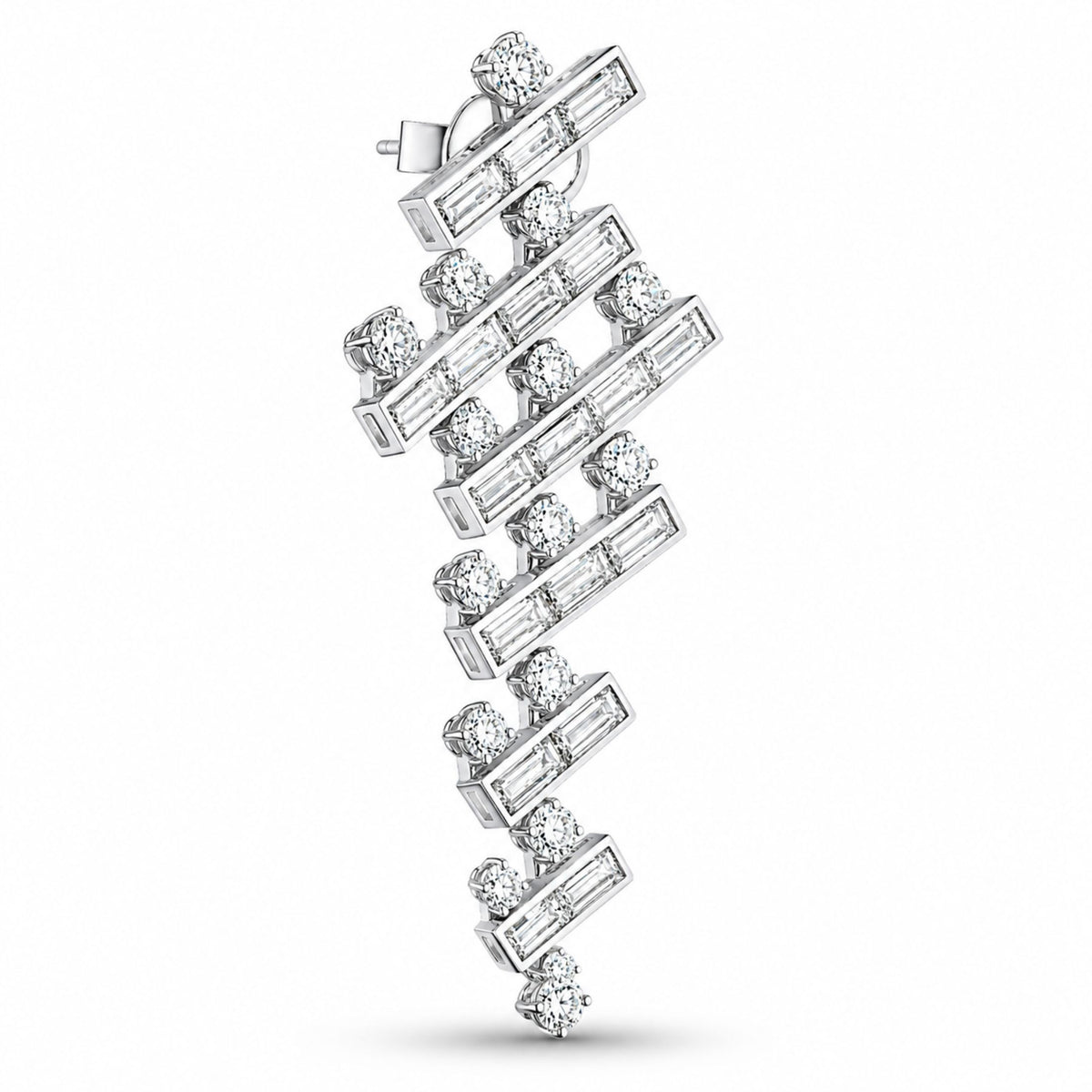 Leviev Infinite Step white gold dangle earring side profile showing baguette and round diamond cascade