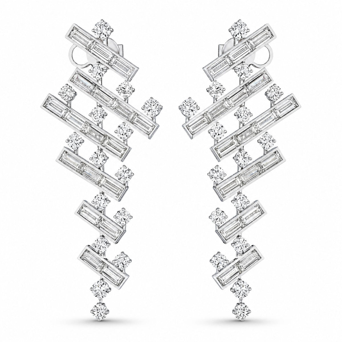 Pair of Leviev 18K white gold baguette round diamond dangle earrings front view cascading silhouette