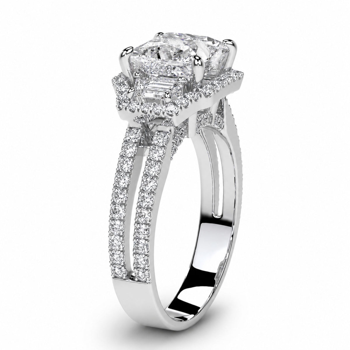 Three-quarter angle of Irina ring split shank design with parallel diamond rows and elevated center stone