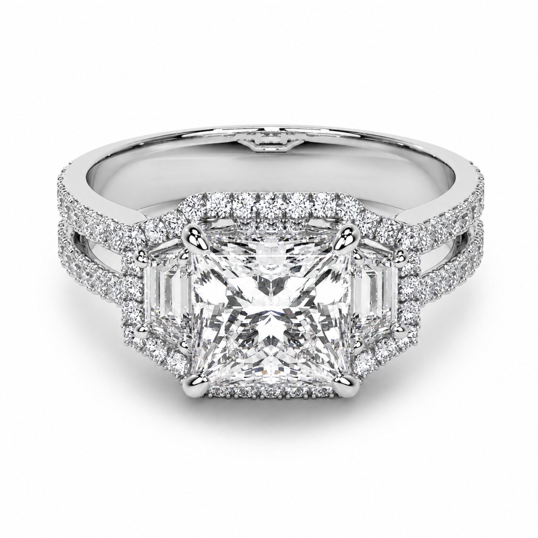 Irina square radiant cut diamond cluster ring in 18K white gold with baguette side stones and split pavé band