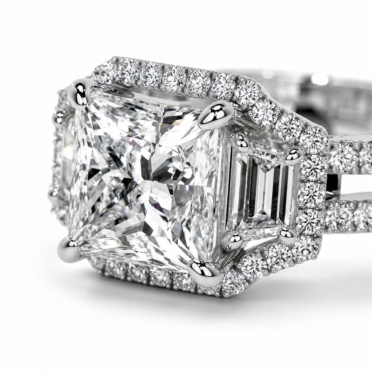 Close-up of Irina ring central square radiant diamond facets with micro-pavé halo and rounded prong settings