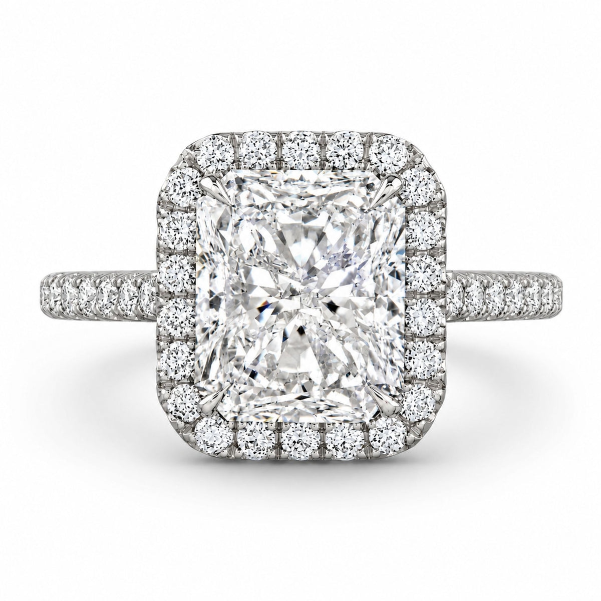 Janine radiant cut diamond ring in 18K white gold with full halo and pavé band