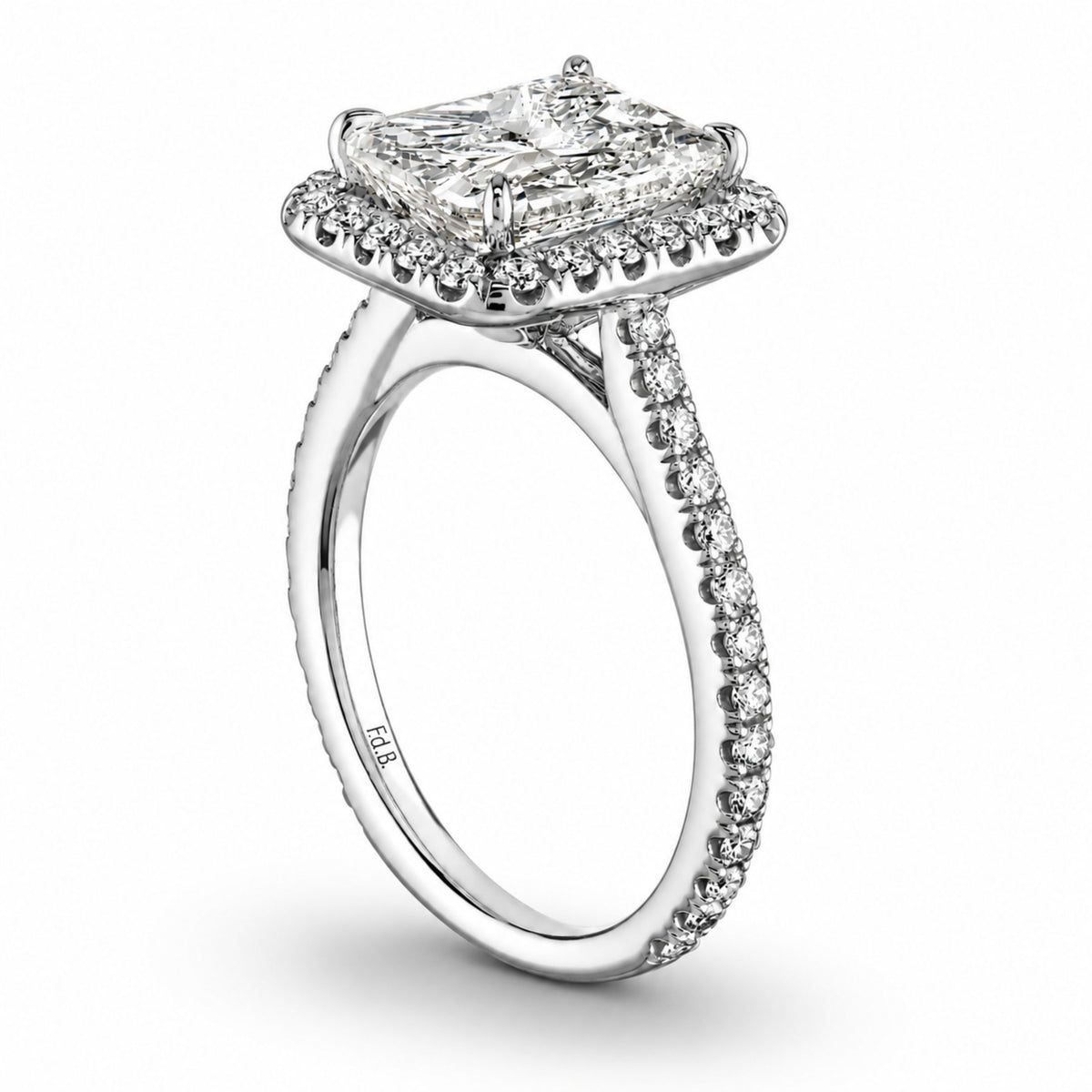 Side view of Janine cathedral setting diamond ring showing FdB hallmark on 18K white gold band