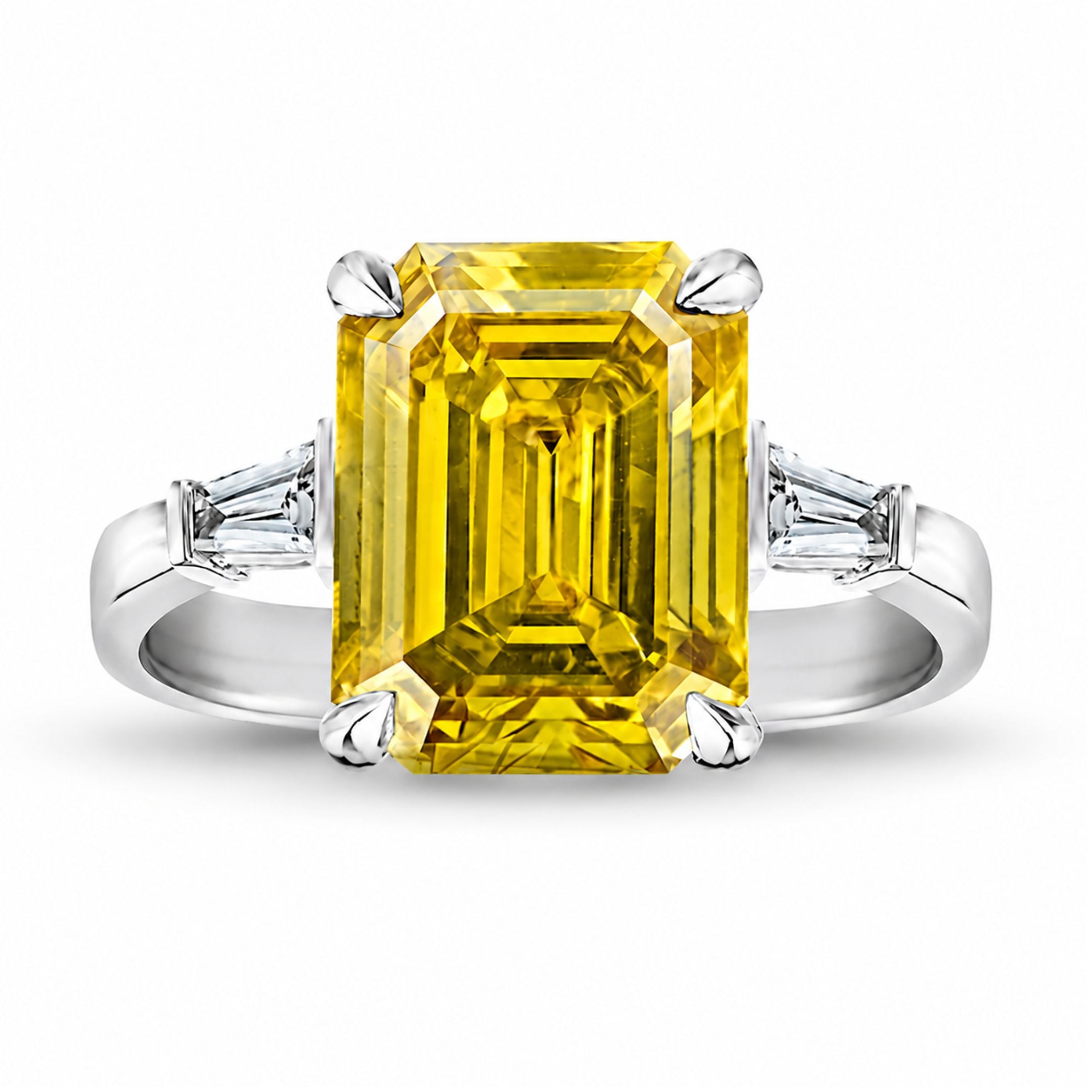 Khepri 4.65 Carat Emerald Cut Fancy Deep Brownish Yellow Diamond Ring with Trapezoids in Platinum