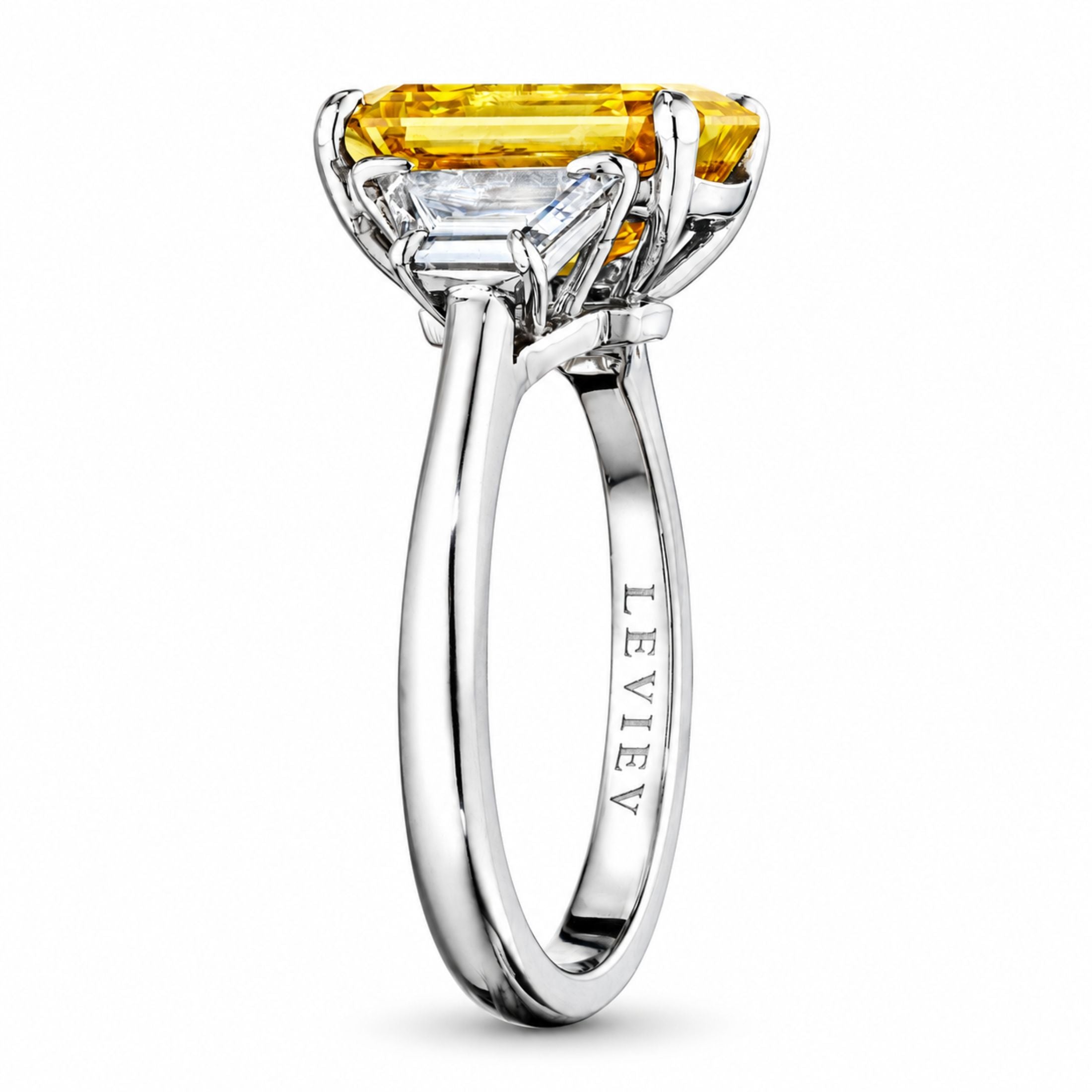 Khepri 4.65 Carat Emerald Cut Fancy Deep Brownish Yellow Diamond Ring with Trapezoids in Platinum