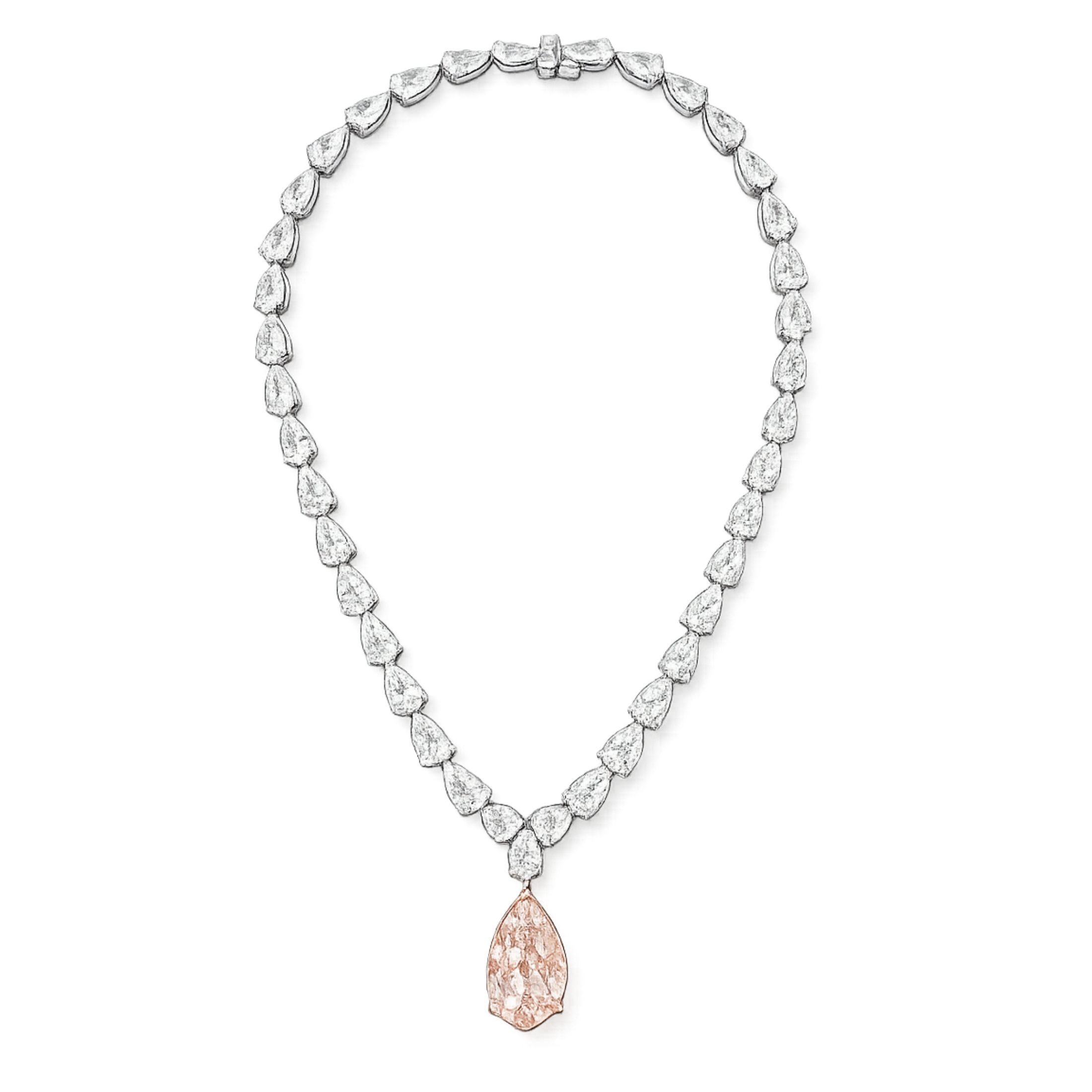 Larmes de Rose 66.23 Carat Fancy Pink Diamond Necklace in 14K White Gold