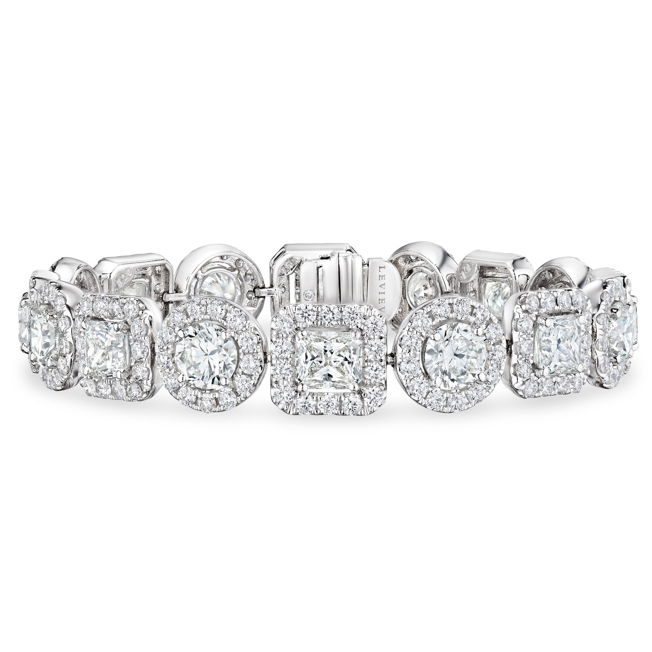 Leviev engraved clasp on Le Pavillon 23.1 carat diamond bracelet featuring architectural round and radiant cut stations in 18K white gold