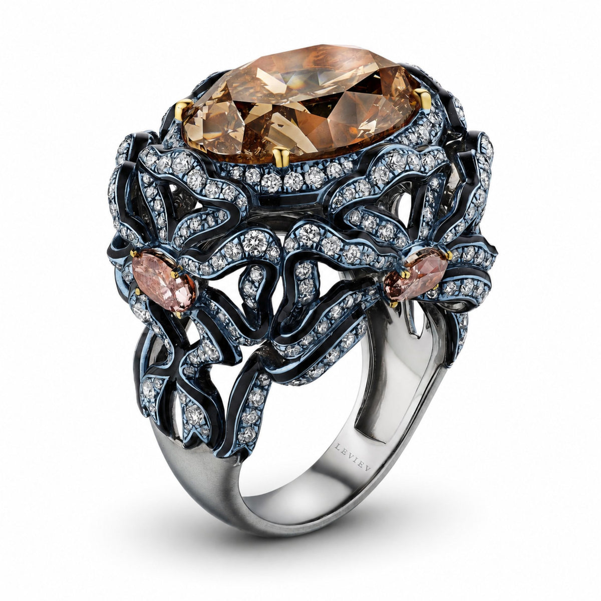Side view of Leviev Leviathan Bleu diamond ring showing engraved LEVIev shank, sculptural black enamel architecture, and champagne fancy center stone