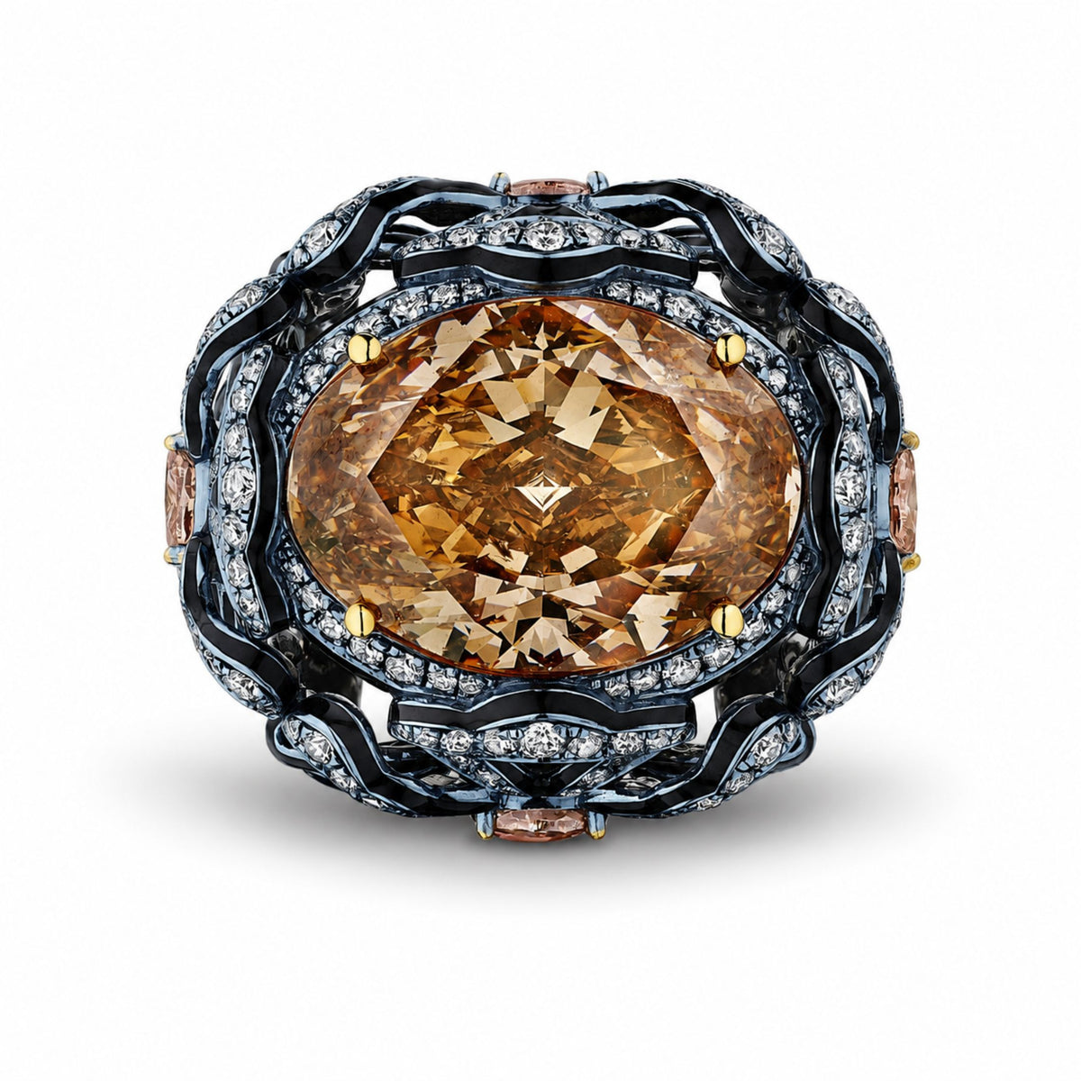 Leviathan Bleu 16.03 Carat Champagne Diamond Ring in 18K Gold with black enamel waves and pinkish-orange pear diamonds