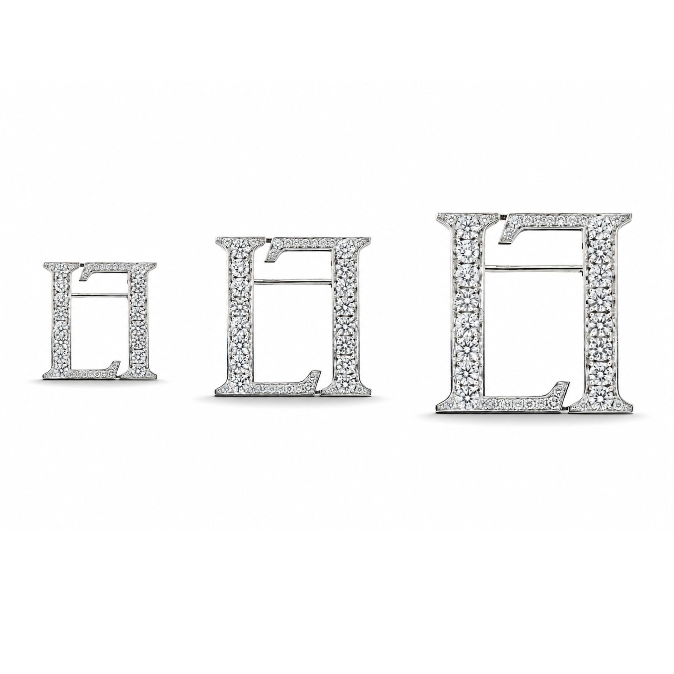 Leviev platinum diamond lapel pin letter L three views
