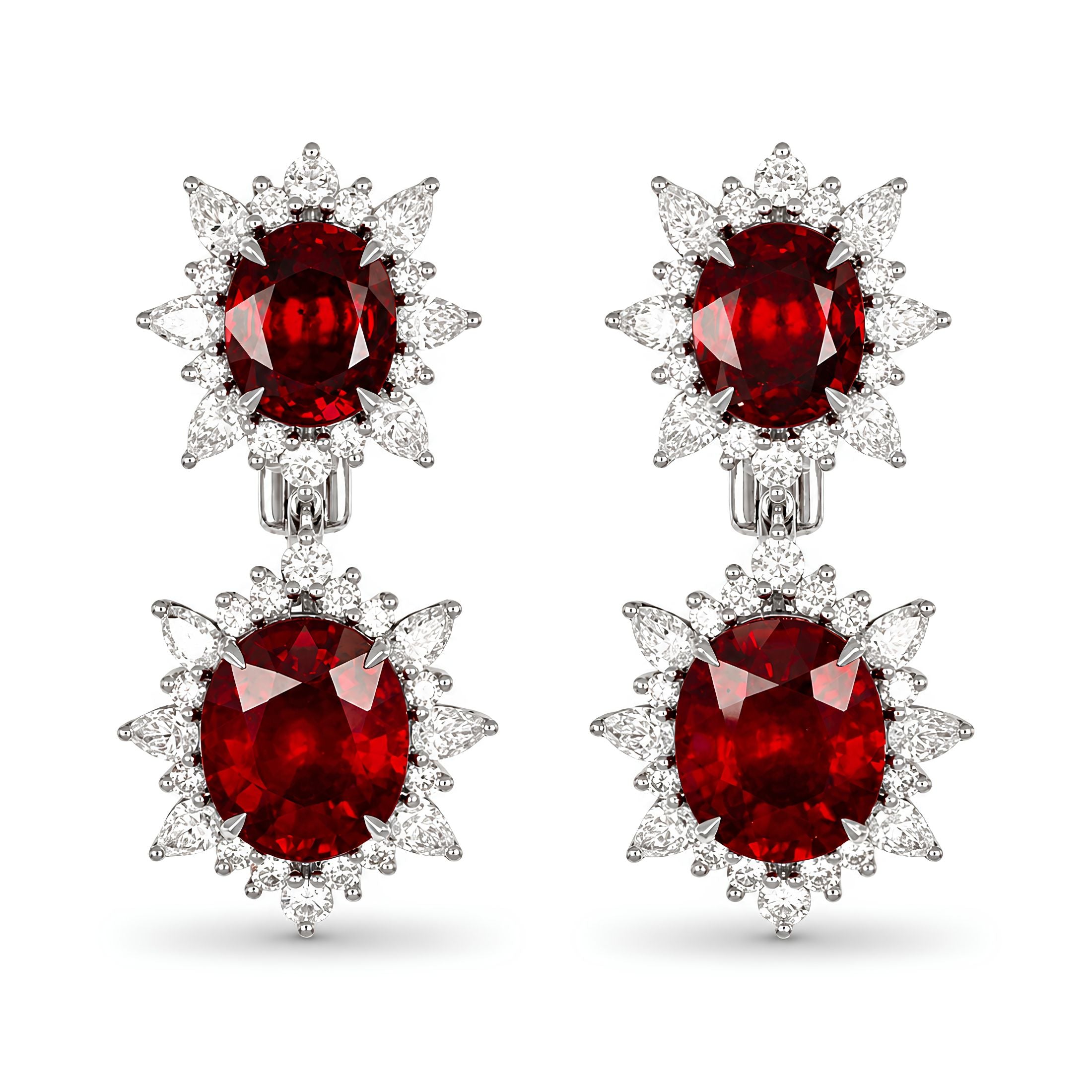 Valency 12.12 Carat Oval Ruby & Diamond Drop Earrings in Platinum & 18K White Gold