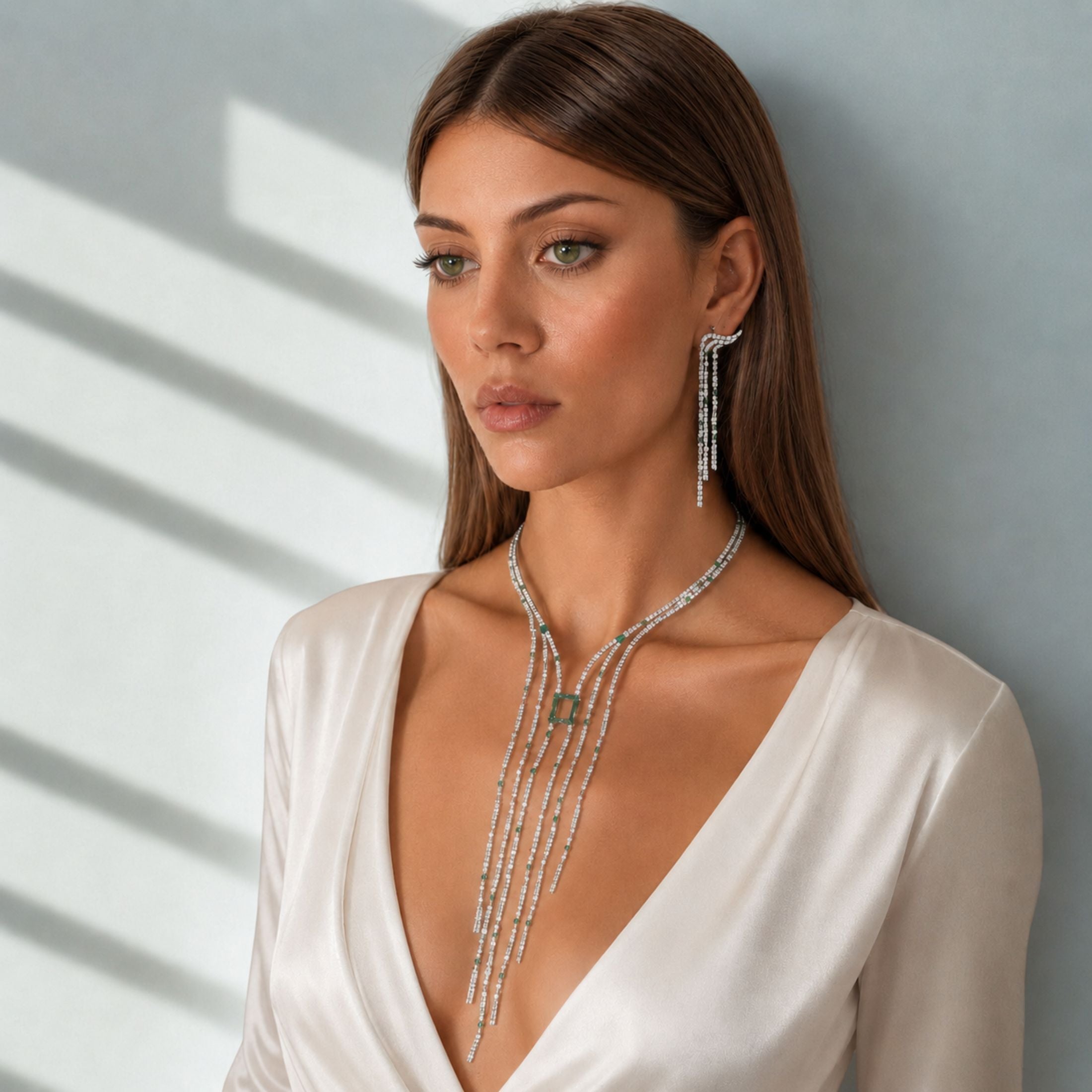 Majestic Starlette 19.04 Carat Emerald & Diamond Necklace in 18K White Gold