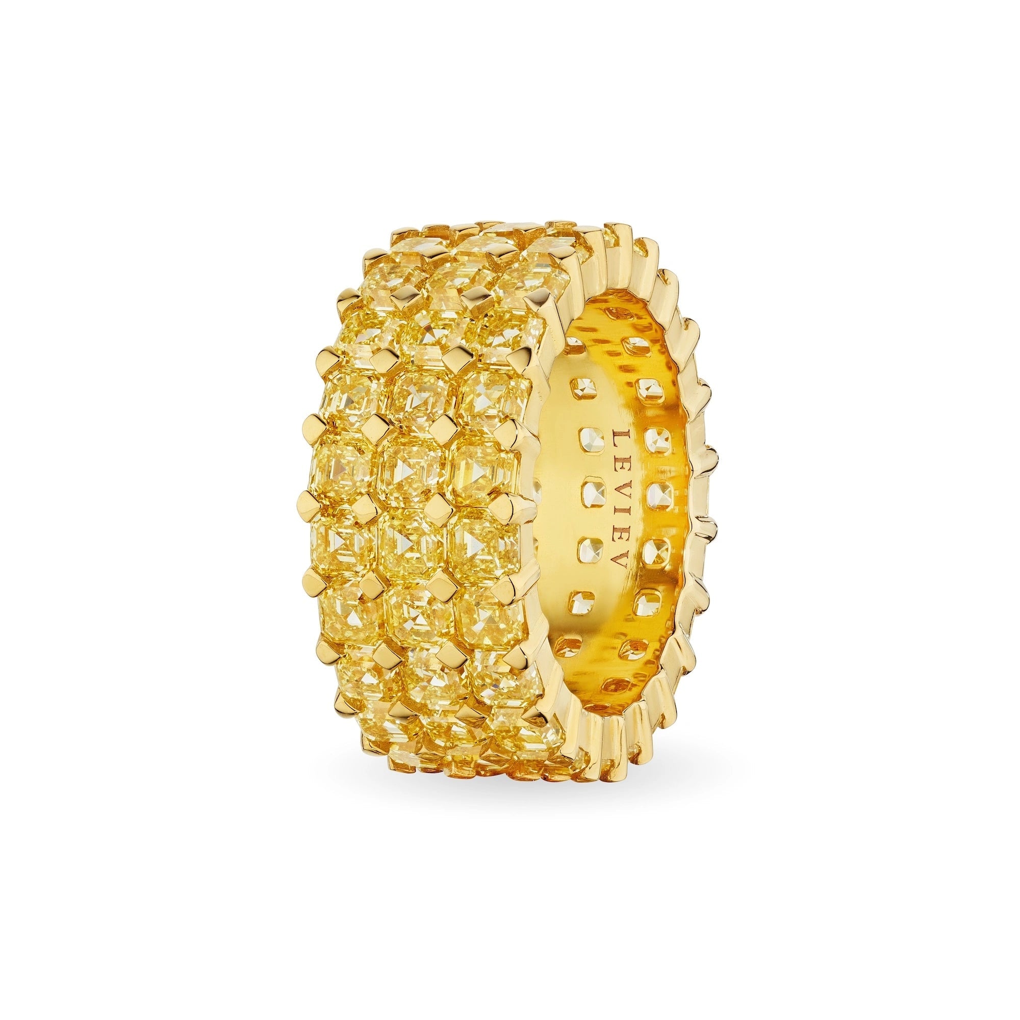 Leviev 18k yellow gold eternity ring with three rows of Asscher-cut yellow diamonds