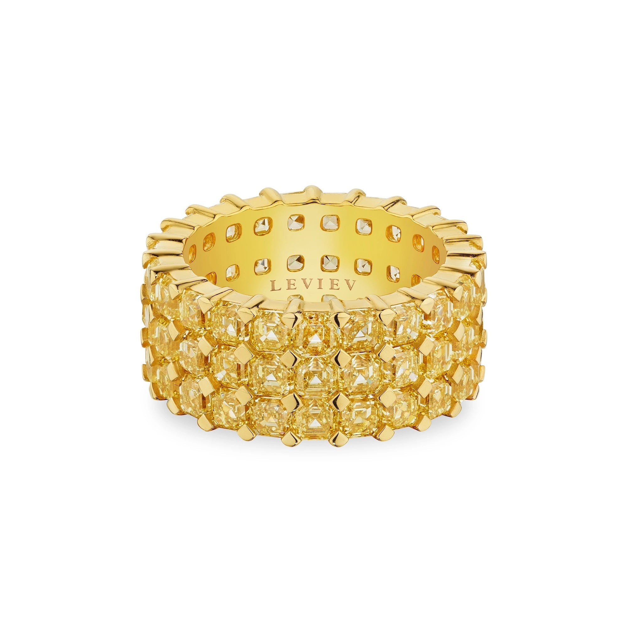 Front view of Leviev 18k yellow gold eternity ring featuring fluted edges and engraved LEVI EV
