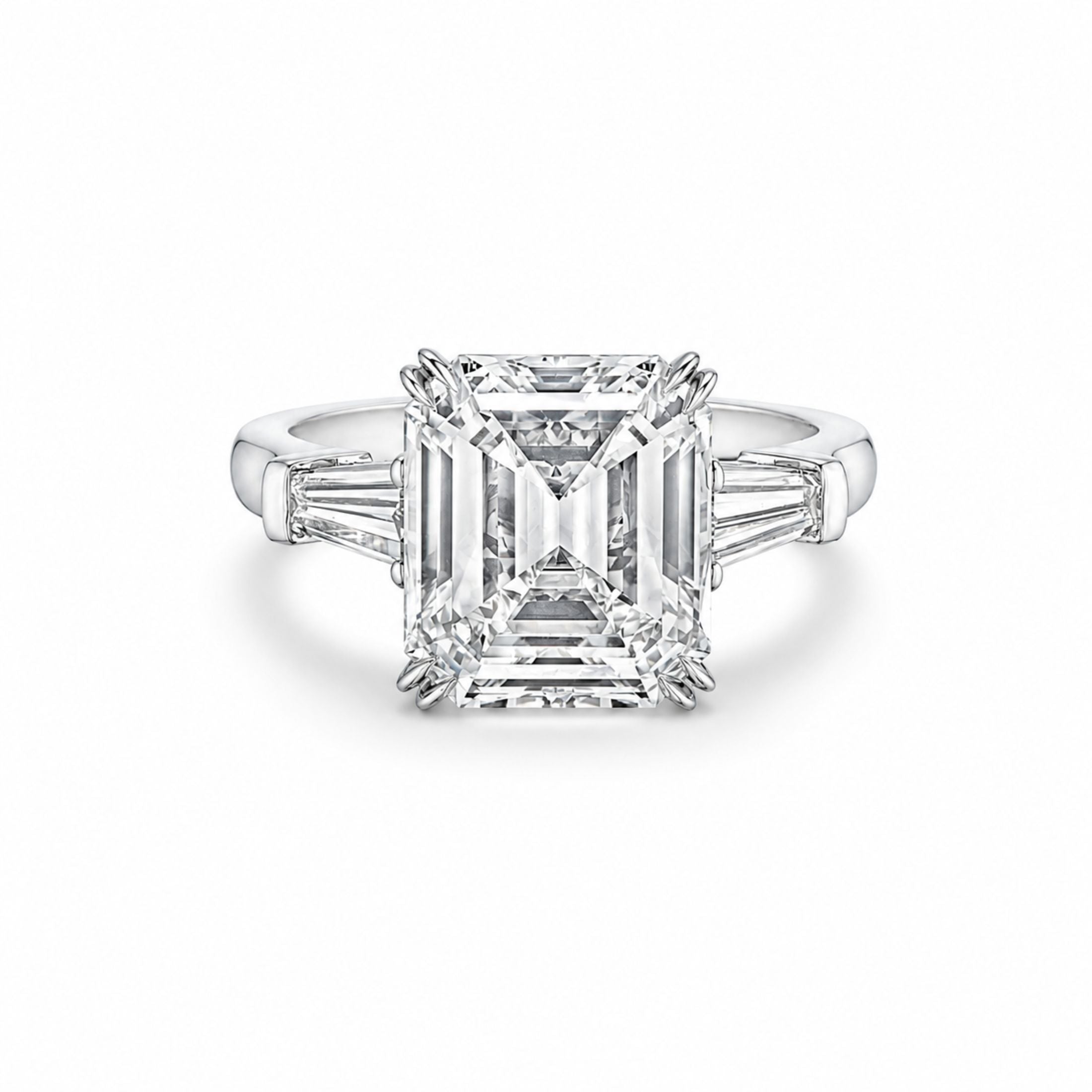 Frontal shot of Leviev platinum engagement ring featuring emerald-cut center diamond and tapered baguette accents