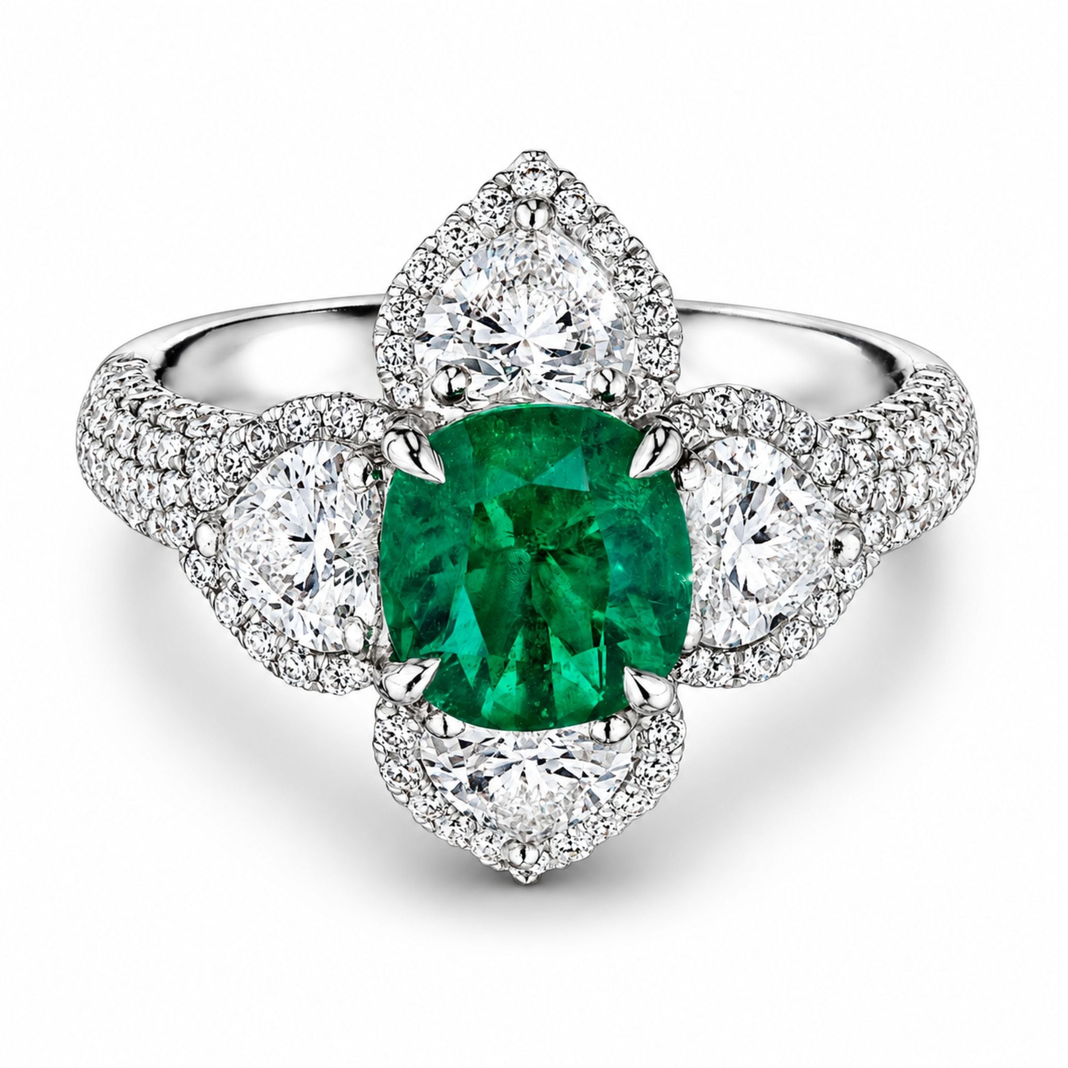 Lilymont cushion cut Colombian green emerald ring in platinum with floral diamond halo and pave shoulders
