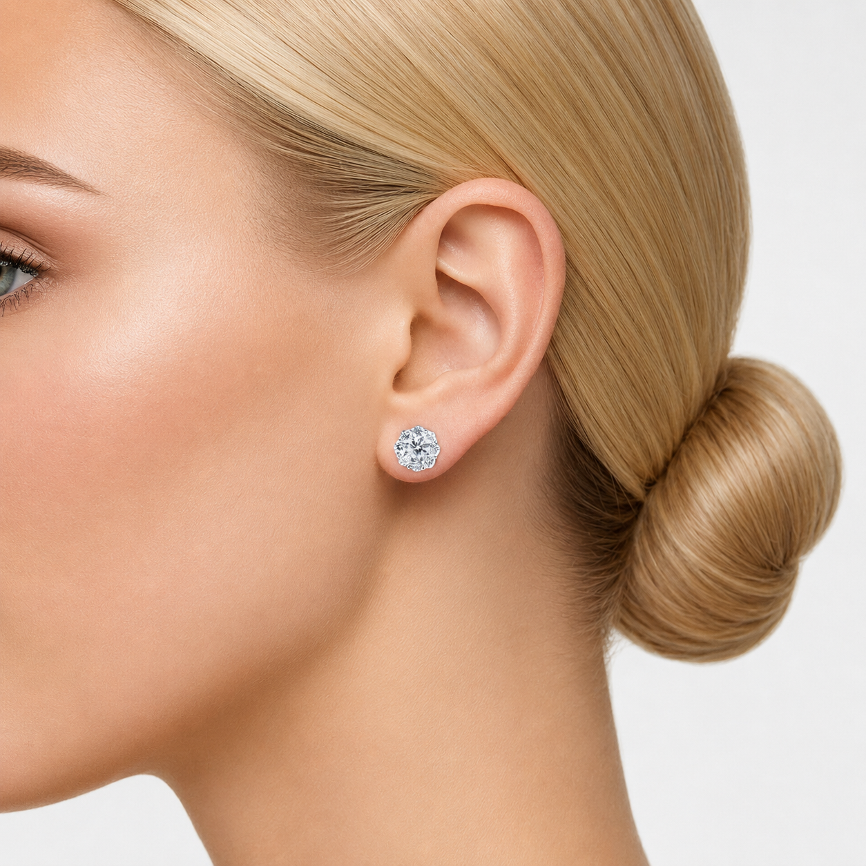 Liora 1.50ct Diamond Stud Earrings in 14K White Gold worn on ear showing floral halo sparkle