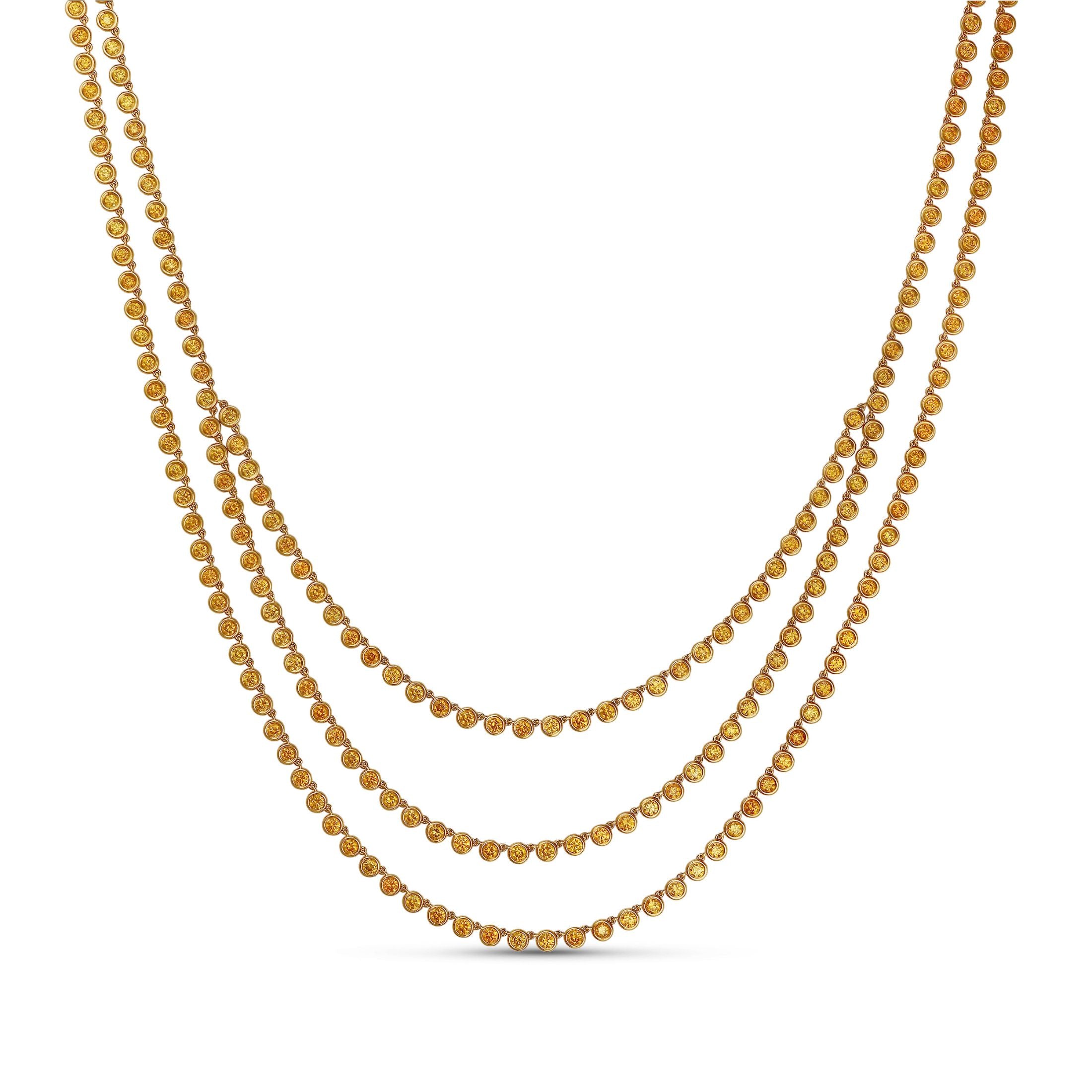 Livia Three Strand 20.42 Carat Vivid Yellow Diamond Necklace in 18K Gold Leviev Necklaces 18k Gold, 18k Gold Necklace, Colored Diamond Necklace, Diamond Necklace, Everyday Necklace, High Jewelry, Layered, Layered Necklace, Layering Necklace, Layering Set, Leviev, Leviev Necklace, Multilayer Necklace, Natural Diamond Necklace, Necklaces, Riviera Diamond Necklace, Riviera Necklace, Three Strand Necklace, Vivid Yellow Diamond, Vivid Yellow Diamond Necklace, Women's Jewelry, Women's Necklace, Yellow