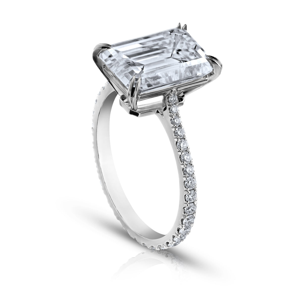 Side view of Leviev platinum emerald cut diamond solitaire ring profile