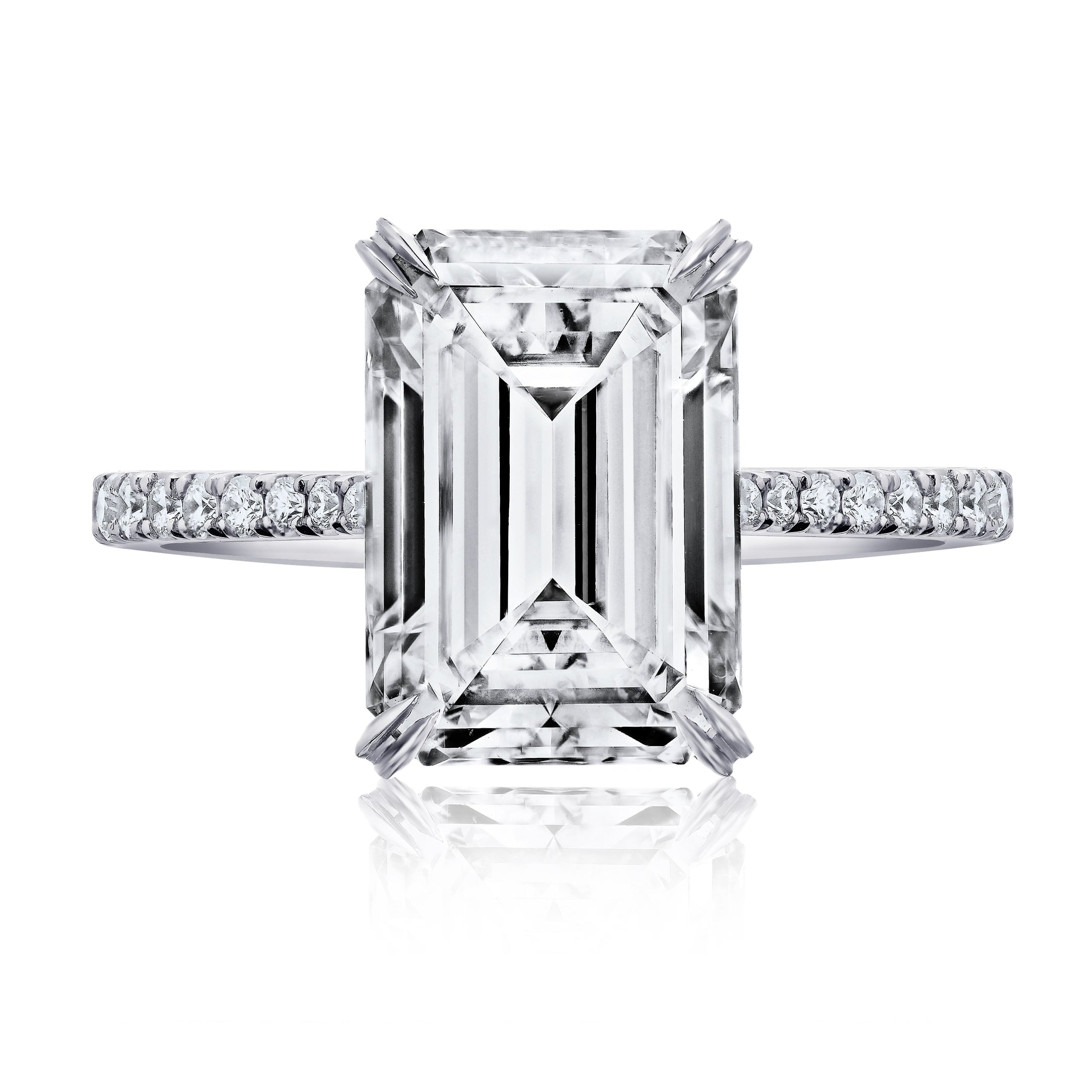 Leviev platinum emerald cut diamond ring with micro pavé band