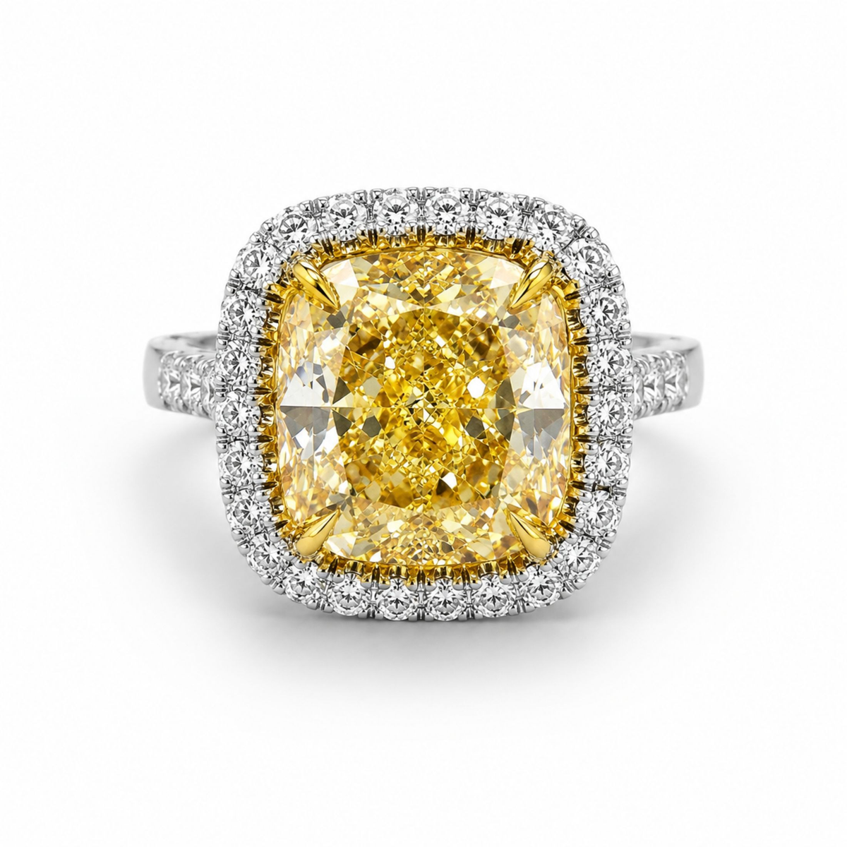 Lucca 8.69 Carat Fancy Yellow Cushion Cut Diamond Ring in Platinum & 18K White Gold