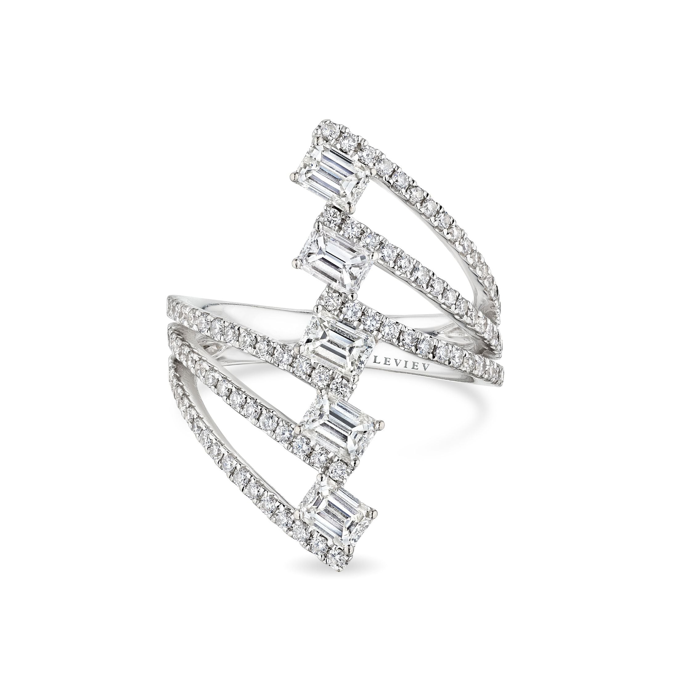 Leviev Lucienne white gold ring with five emerald cut diamonds and openwork bands