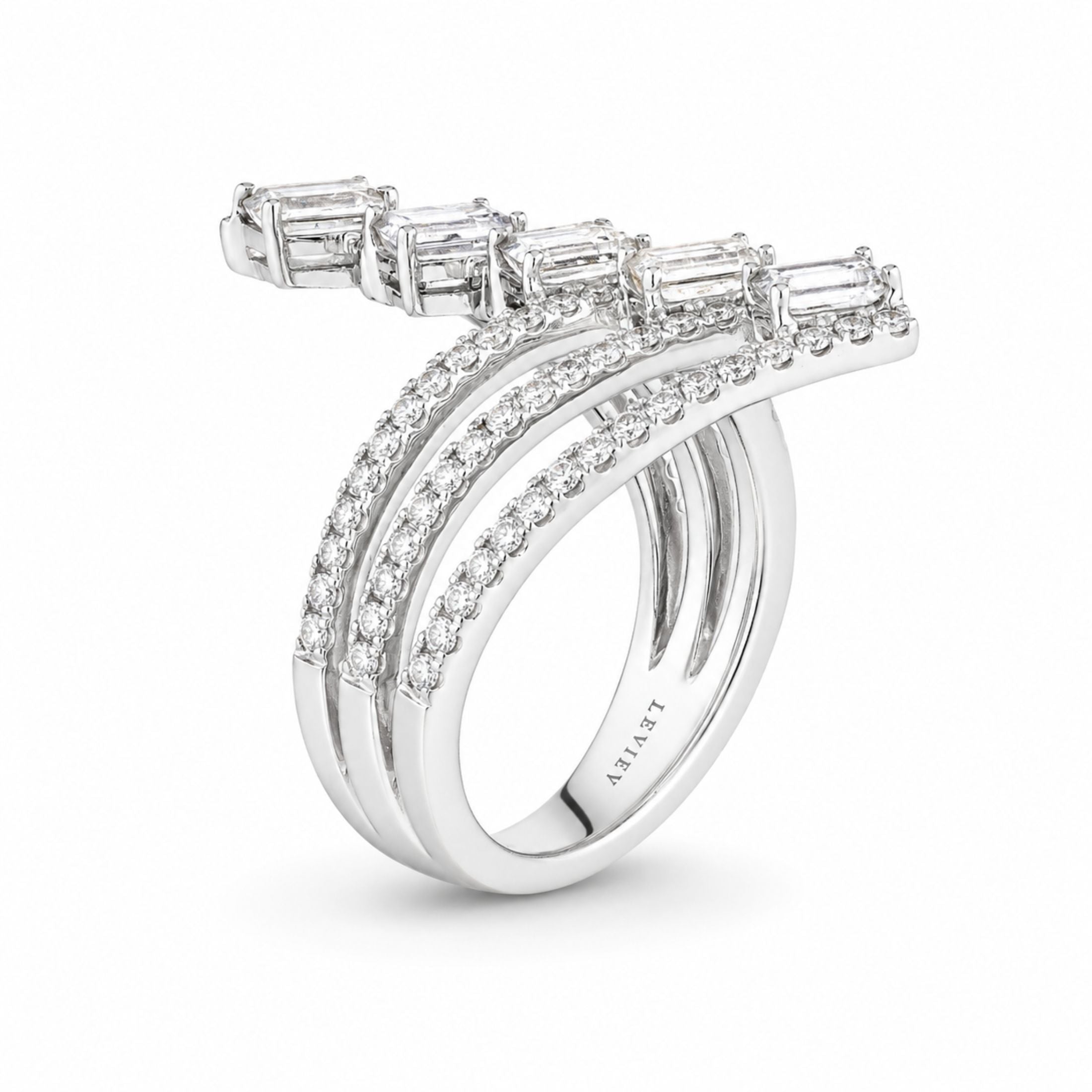 Three band pavé diamond ring with engraved Leviev logo on shank