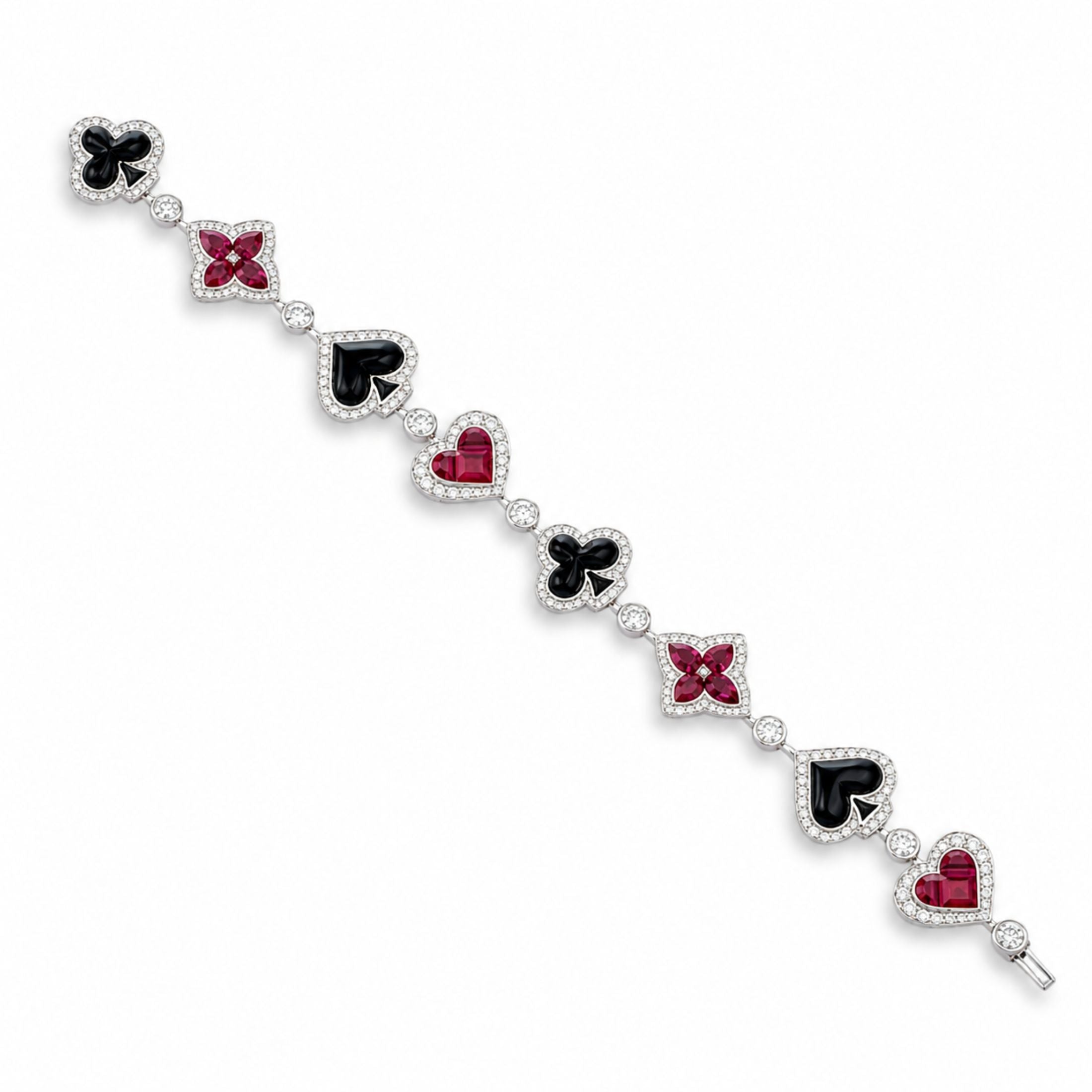 Lucky Hand 14.94 Carat Ruby, Onyx, and Diamond Bracelet in 18K White Gold
