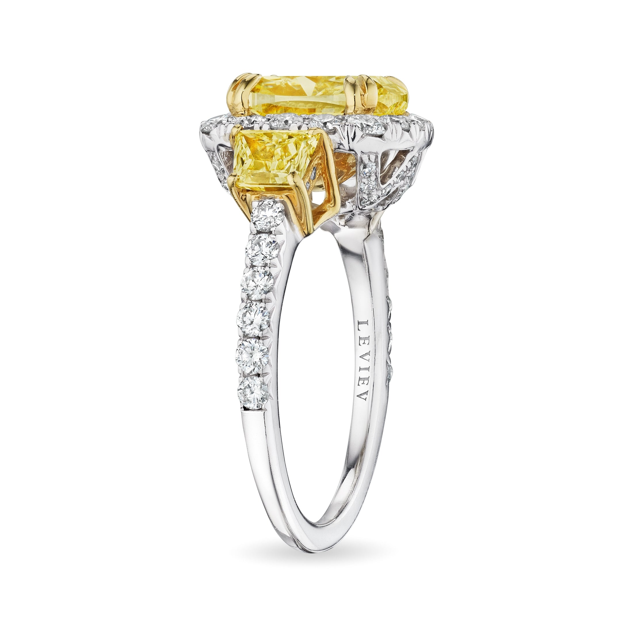 Leviev engraved band detail on fancy yellow diamond halo ring