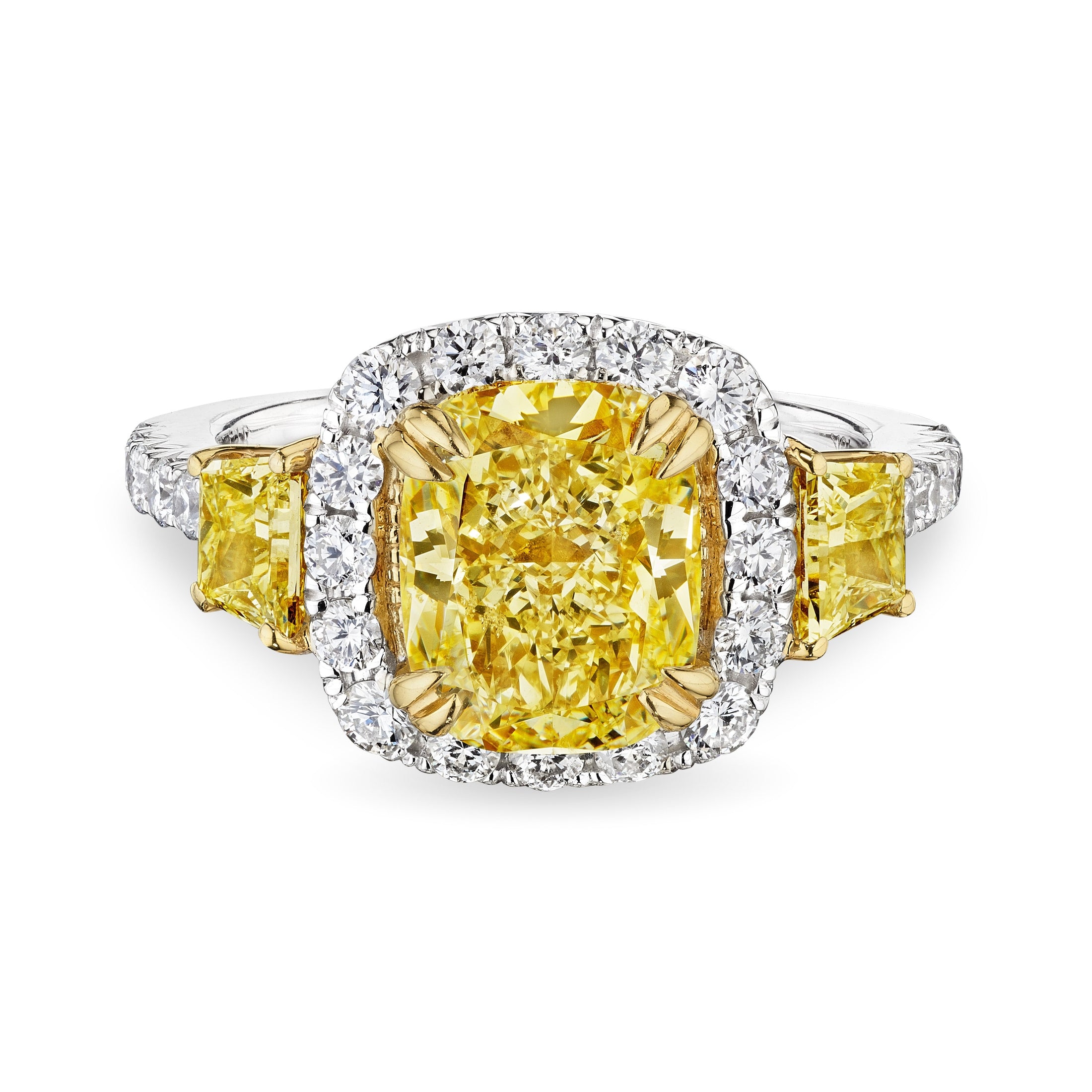 Leviev yellow cushion cut diamond halo ring in white gold with trapezoid accents